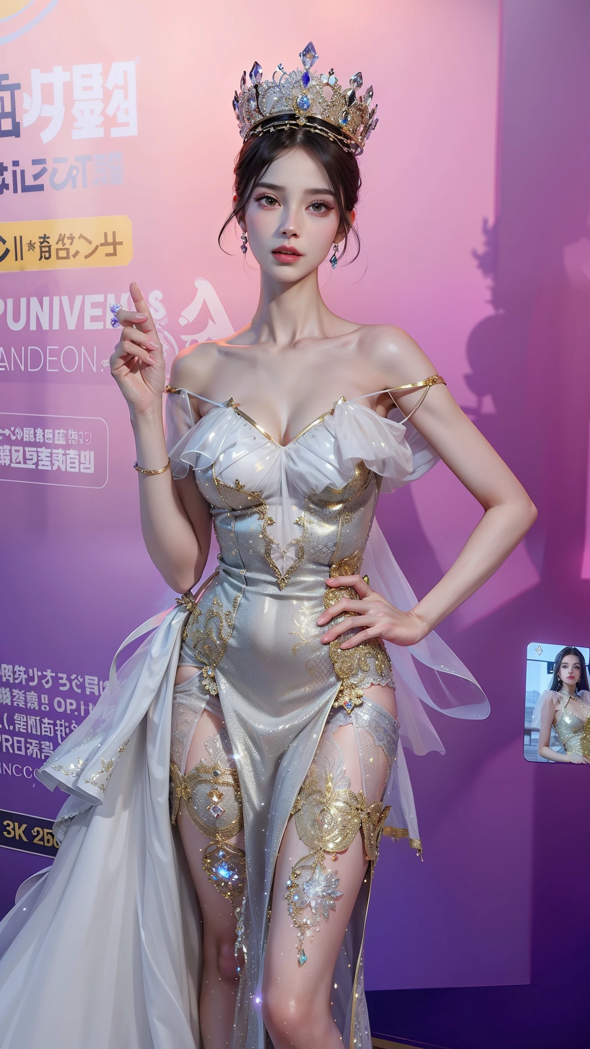Royal sister,delicate eyes,Detailed facial expressions,mature body,tall figure,number,Leg length,4K,HD,sensual,White translucent lace,Fair and plump figure,pretty face,little cherry mouth,beautiful and delicious(3D royal sister),Gorgeous dress encrusted with gemstones crystal gold diamonds,