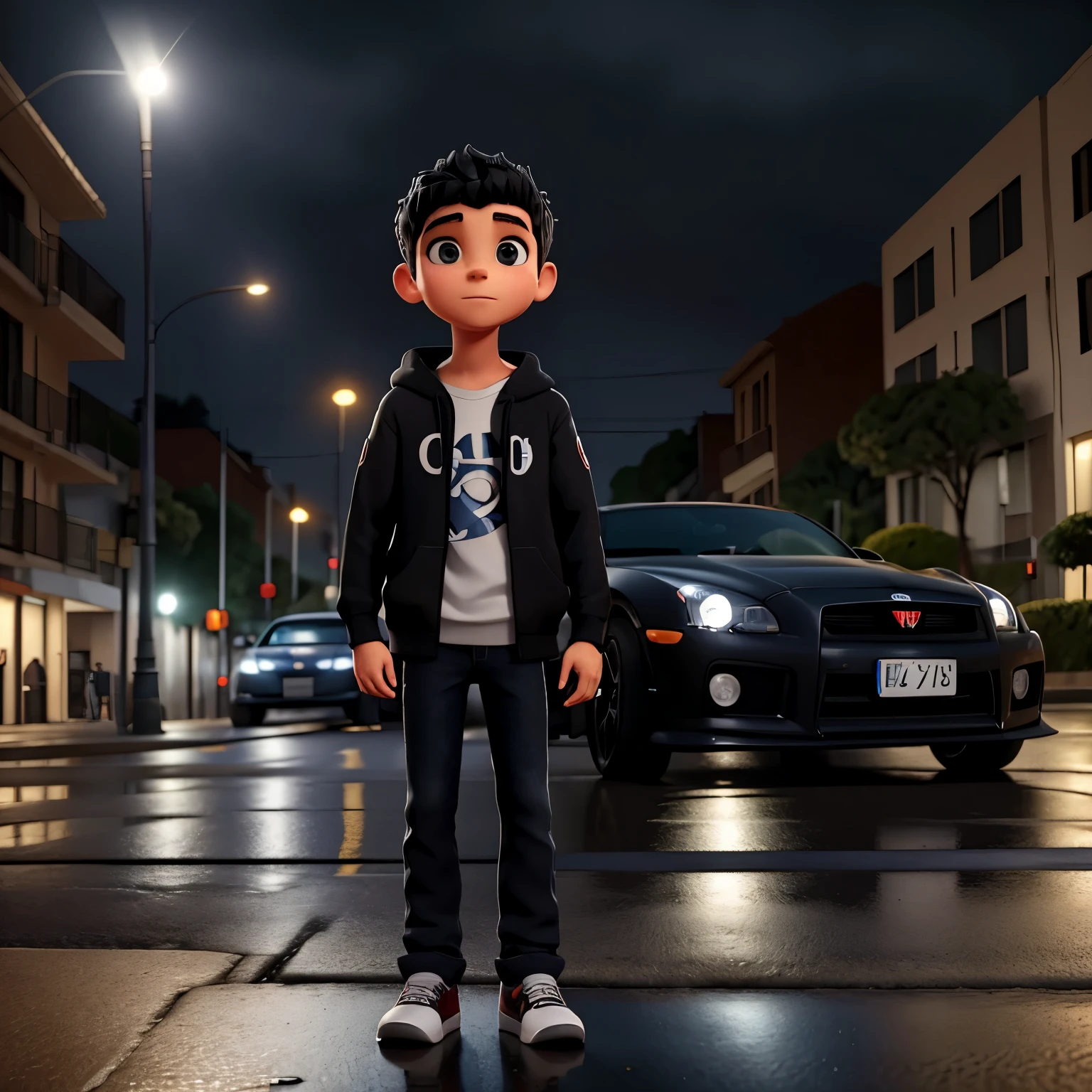 Descreva a cena de um jovem com capuz, wearing a black sweatshirt and jeans, standing on the sidewalk on a rainy night. He is looking at a shiny GTR R35 car passing on the road., Your admiration visible in your eyes. The light from the headlights reflects on the puddles of water around you, enquanto a chuva cai suavemente sobre ele. O som do motor potente ecoa no ar, misturando-se ao som da chuva. The boy remains motionless, captured by the elegance and speed of the car, dreaming of the day when you can be behind the wheel of such an impressive machine.