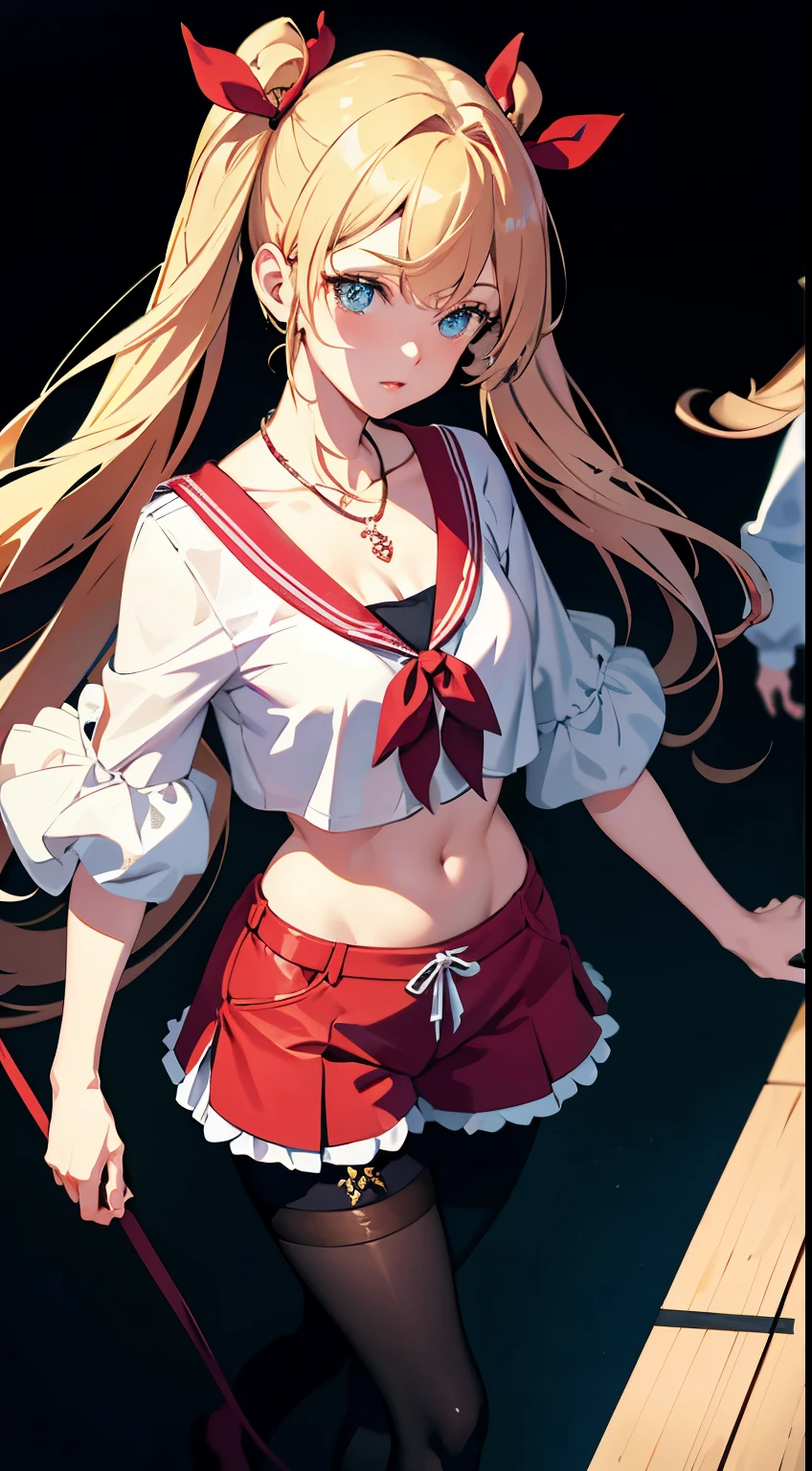 masterpiece,best quality,official art,Extremely detailed CG unified 8k wallpaper, 2 girls, cute female , Yuri, hair accessories, shorts, crop top, pantyhose, ribbon_necklace, leg straps,