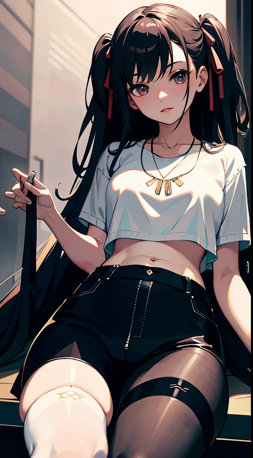 masterpiece,best quality,official art,Extremely detailed CG unified 8k wallpaper, 2 girls, cute female , Yuri, hair accessories, shorts, crop top, pantyhose, ribbon_necklace, leg straps,