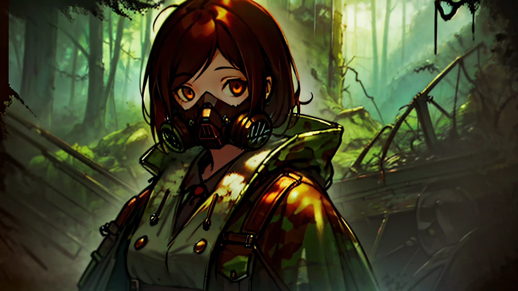 best quality, masterpiece, 1girl, mature female, brown hair, green camouflage, solo, upper body, gas mask, goggles on neck, jacket, raincoat, creepy abandoned fantasy village in the distance, dark, spooky, forest dirt trail