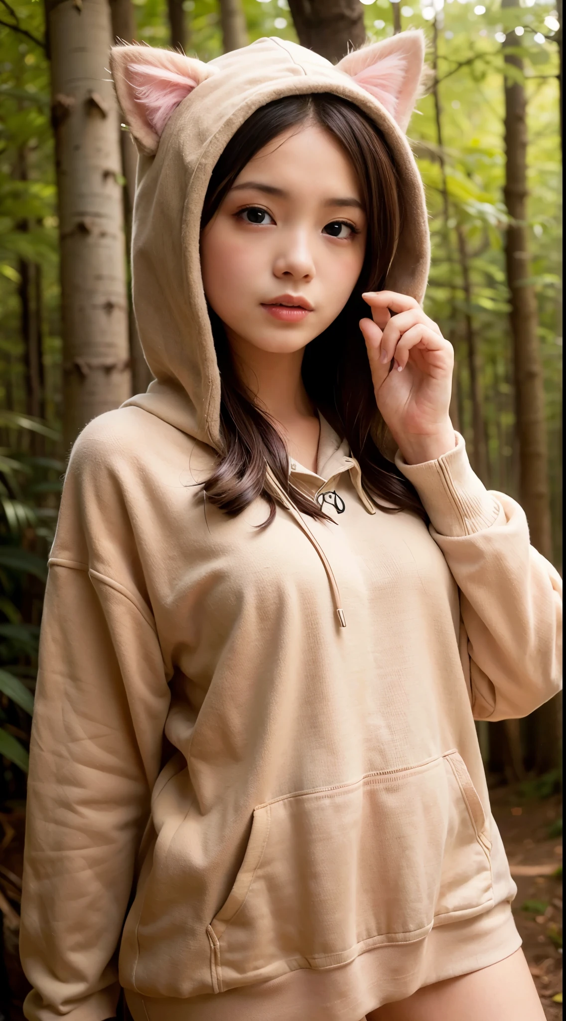 woman, (oversized wear_hoodie, Cat_ear_hood:1.3),
good hand,4K, High resolution, masterpiece, highest quality, head:1.3,((hasselblad photography)), fine skin, sharp focus, (cinematic lighting), soft lighting, dynamic angle, [:(detailed face:1.2):0.2], medium breasts,(((in the forest))),