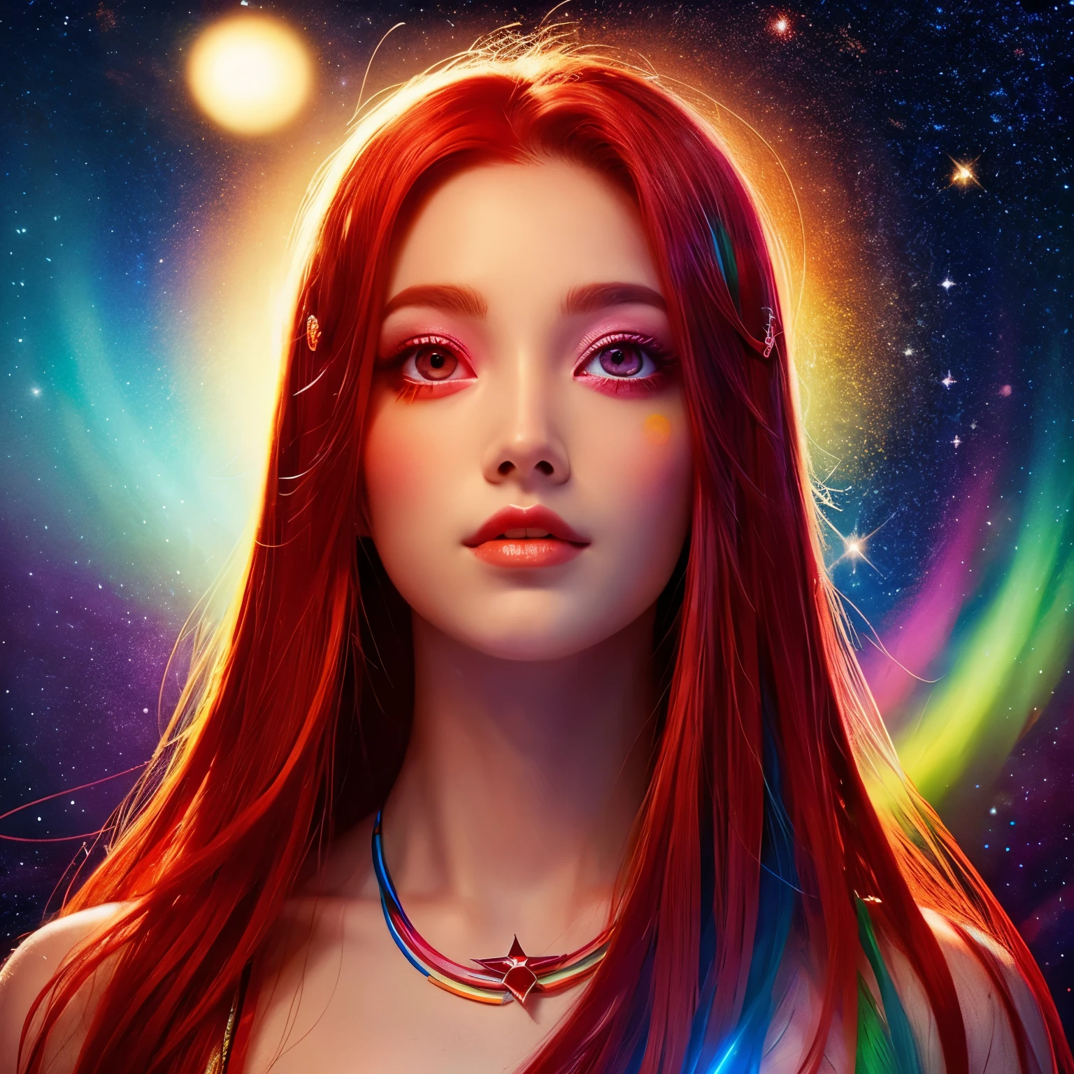 cosmic、Mysterious、light、colorful、goddess、Beauty、red eye、Red hair、Spiritual