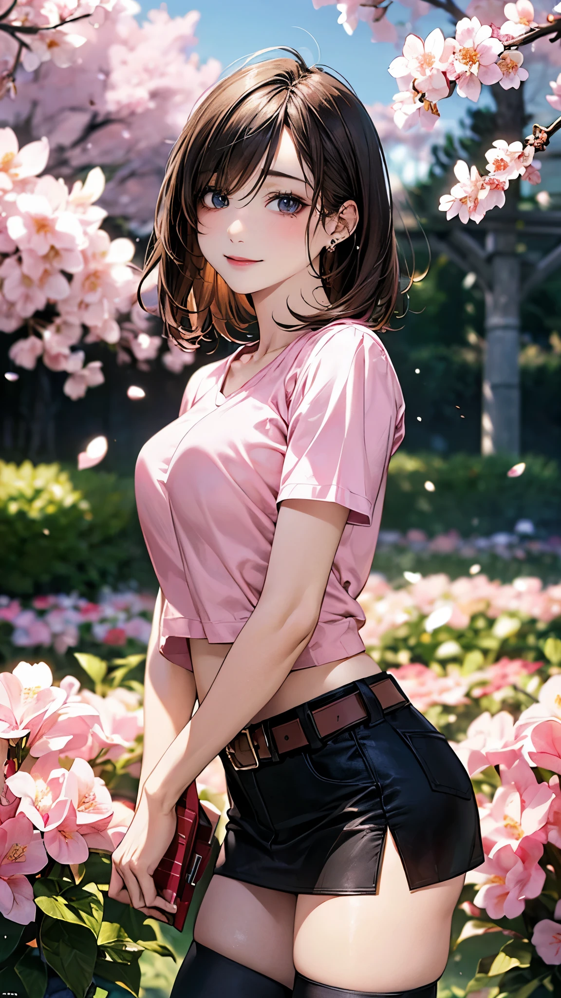 (masterpiece:1.2, top-quality), (realistic, photorealistic:1.4), beautiful illustration, (natural side lighting, movie lighting),
looking at viewer, cowboy shot, 1 girl, japanese, hot girl, perfect face, cute and symmetrical face, shiny skin, babyface,
(short hair, messy hair:1.2, brown hair), hair over one eye, blue eyes, (middle breasts, seductive thighs, big ass), piercings,
beautiful hair, beautiful face, beautiful detailed eyes, beautiful clavicle, beautiful body, beautiful chest, beautiful thigh, beautiful legs, beautiful fingers,
((midriff, asymmetrical legwear, pink shirt, belt, black miniskirt, black thigh-highs)), flower hair ornament, ,
(beautiful scenery), evening, flower garden, cherry blossom, walking, (lovely smile, upper eyes),