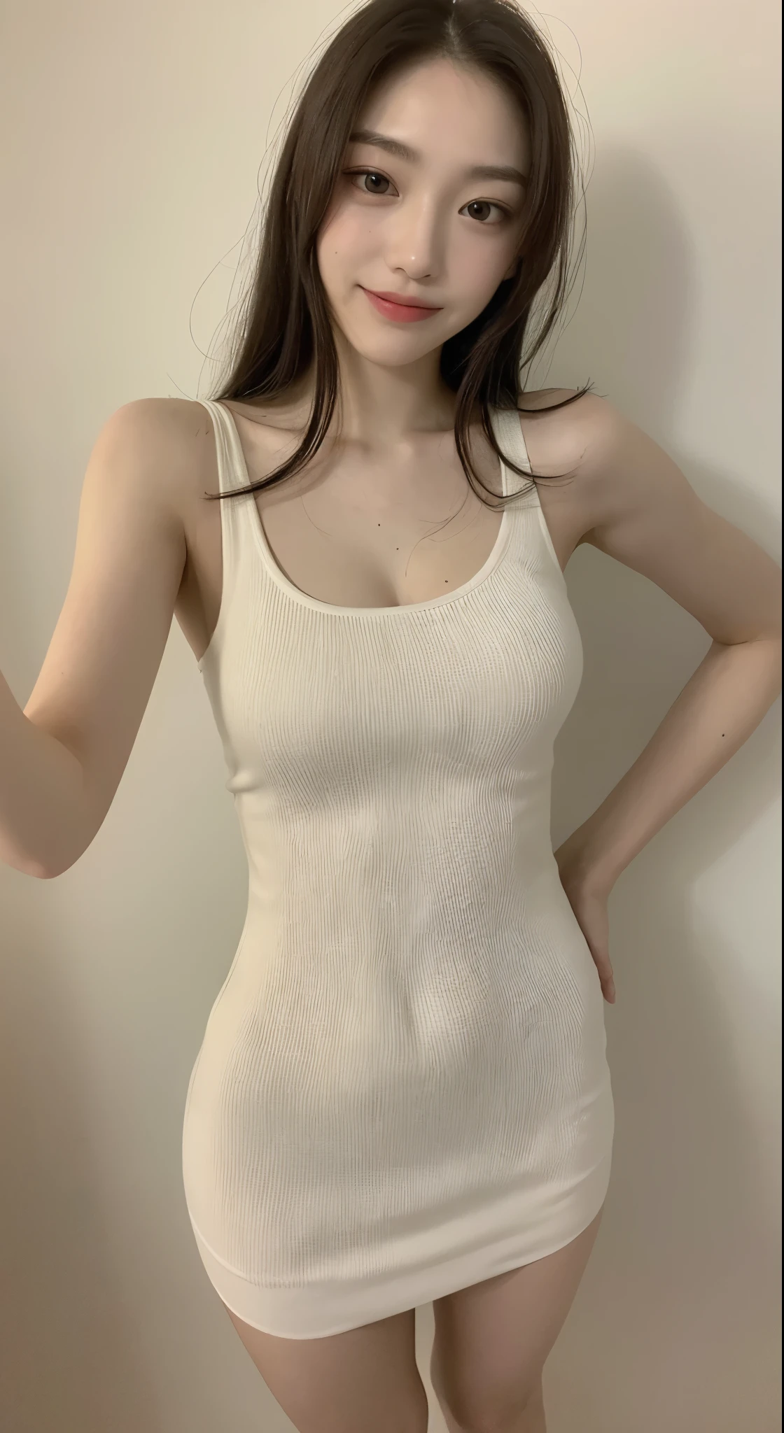 ((Best Quality, 8K, Masterpiece: 1.3)), 1 girl, slim, tank top: 1.1, super slender face, delicate eyes, double eyelids, droopy eyes, smile, , big breasts, ((neat hair)), ((black deep cut top), (((full body))), (standing)