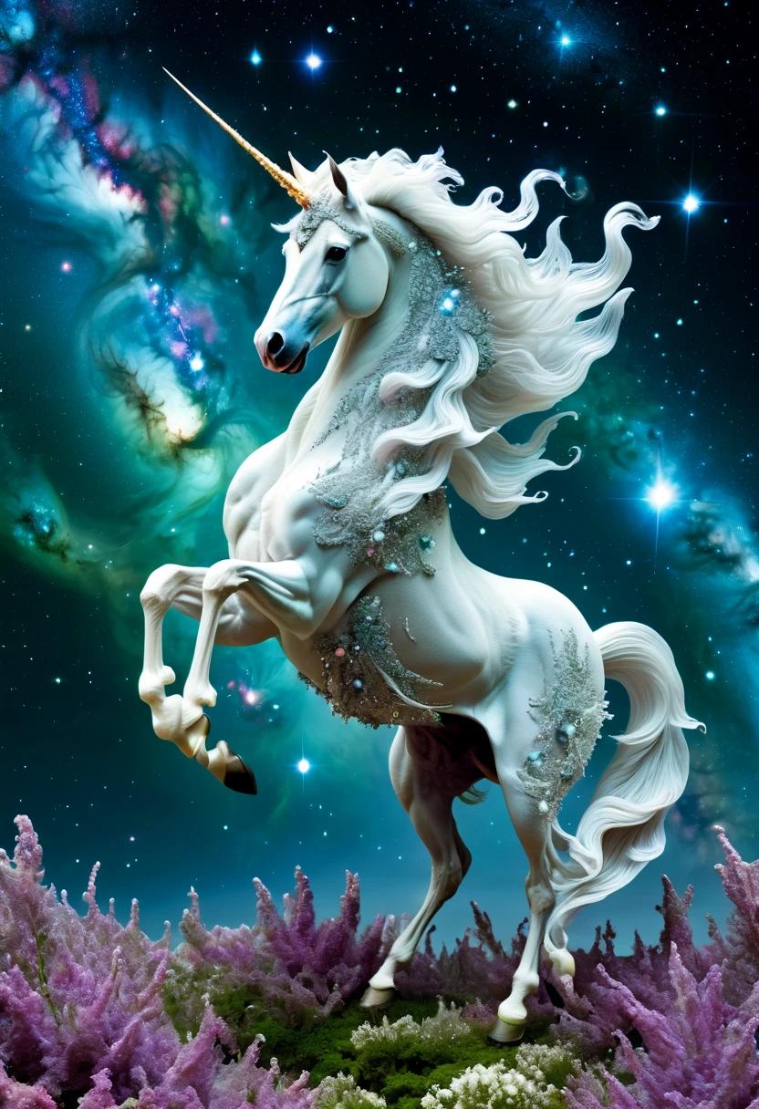 Complex clear crystal interstellar nebula [unicorn] made up of galaxies, flora and fauna, Surreal, Super detailed, elegant, beautiful, 1 tail