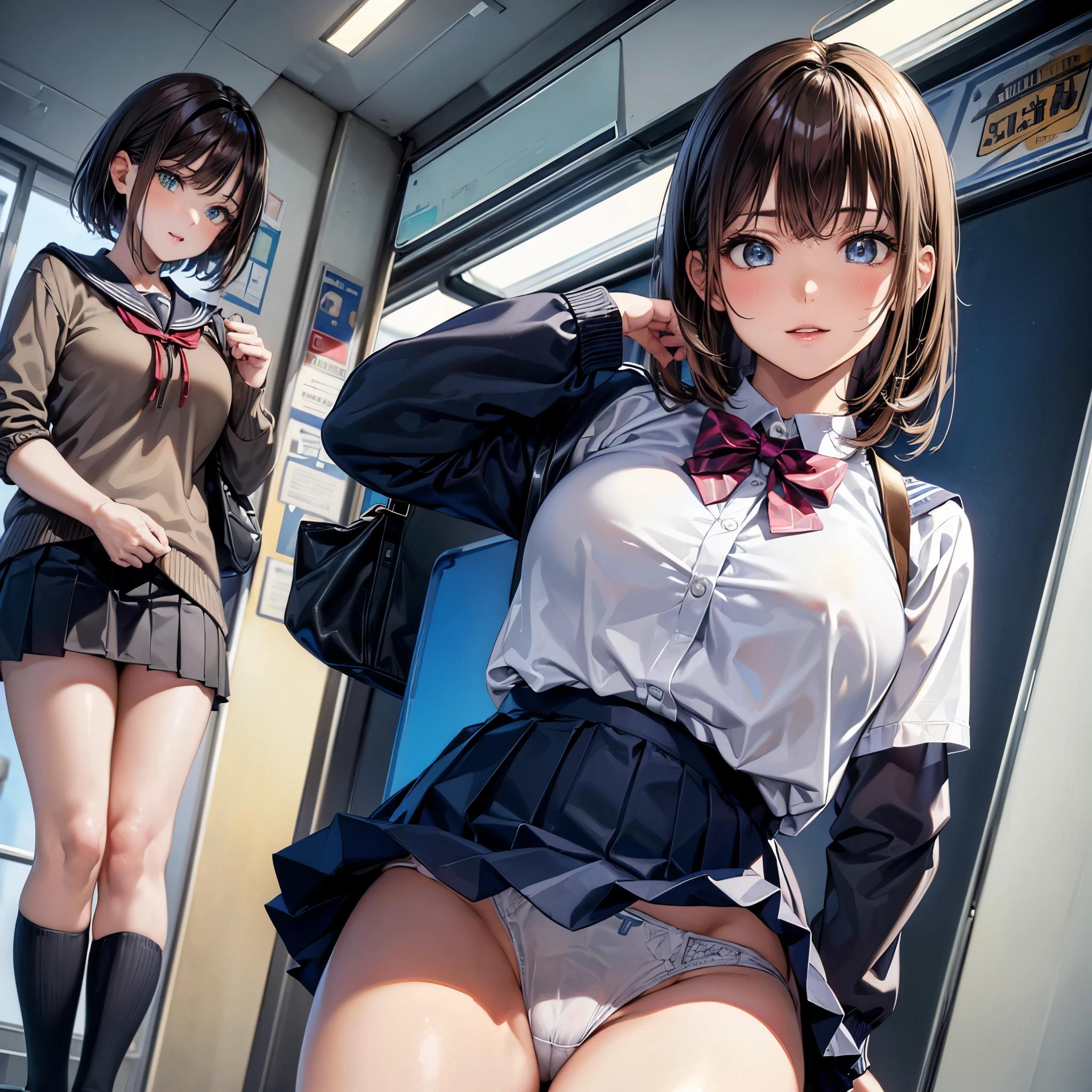 ((masterpiece)), ((best quality)), (ultra-detailed), ((kawaii)), cute, (lovely), ((sexy)), (ero), ((extremely detailed)), 4K, (8K), best quality, (beautiful), anime style, realistic, real, (look up from below:1.5), ((cowboy shot)), ((in the train)), daytime, a cute girl, (1girl, solo), (school girl uniform:1.5), beautiful light brown hair, beautiful brown eyes, ((beautiful eyes)), short hair, large breast, (pov, upskirt, white panties, spread legs:1.3), light smile, shiny-glistening, gleaming