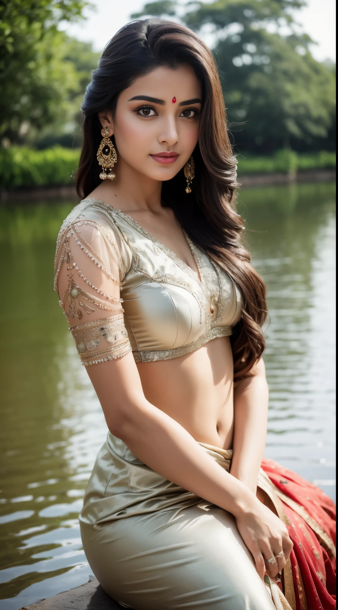 Portrait of A confident-looking indian princess from mahabharata with long flowing hair, beautiful eyes, without flowing capes, traditional indian saree, c-cup breasts, sitting in grass, water background, bokeh, perfect composition, hyperrealistic, super detailed, 8k, high quality, trending art, sharp focus, nude studio photo, intricate details, highly detailed, looking at camera