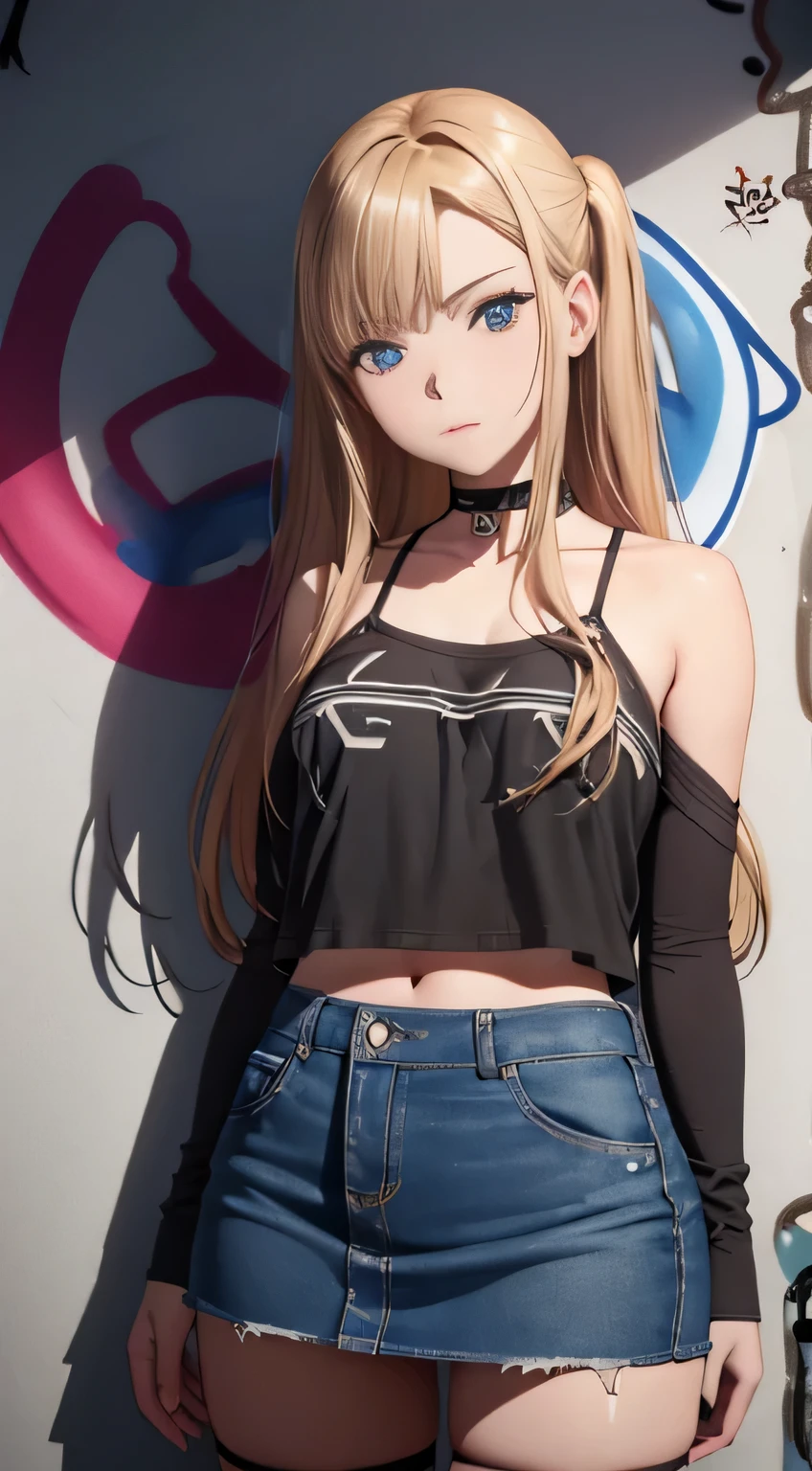 hyper realistic, Masterpiece, Best Quality, ((Lauren Gray, The face of Olivia Dunn)) 1girl, 独奏, crop-top, denim ((tight miniskirt)), Choker, (graffiti:1.5), paint splatter, Hands Behind Your Back, Against a wall, looking a viewer, A bracelet, thigh strap, Paint on the body, tilt of head, blonde hair, Gray-blue eyes of the iris, 8K resolution, intricate clothes, intricate details,
