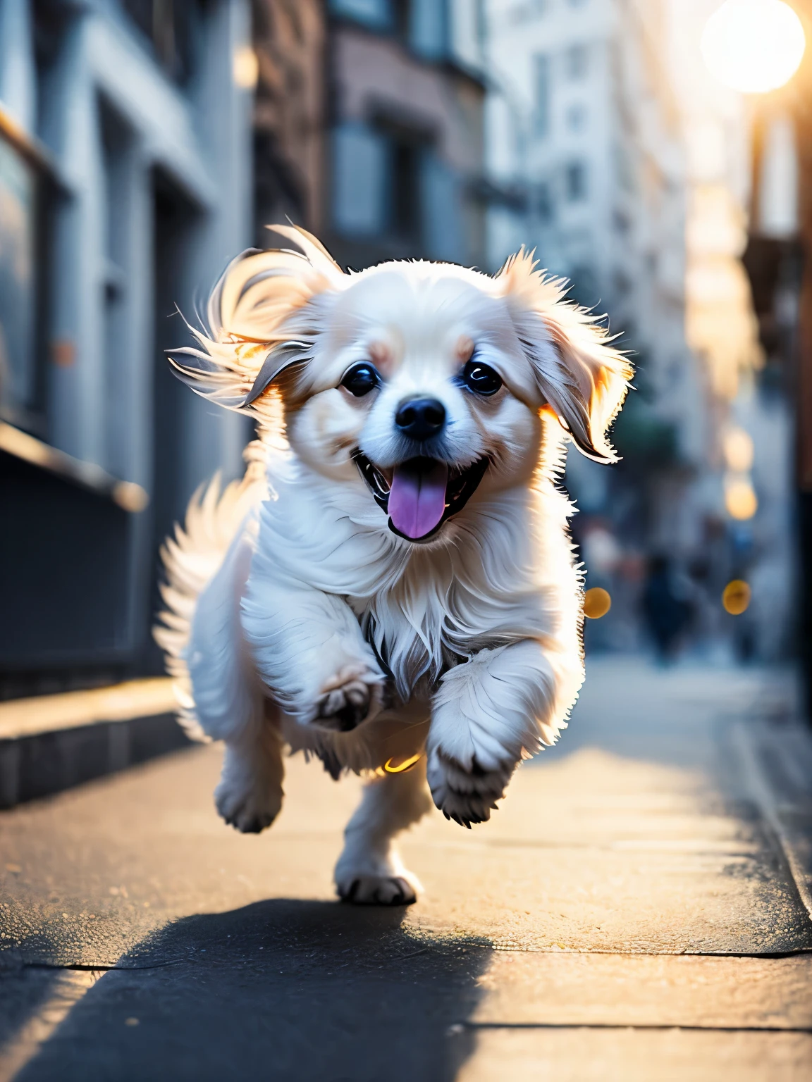Close-up photo of a very cute jumping puppy on the street, white, soft volume light, (Backlight: 1.3), (movie: 1.2), intricate details, (art station: 1.3), rutkowski