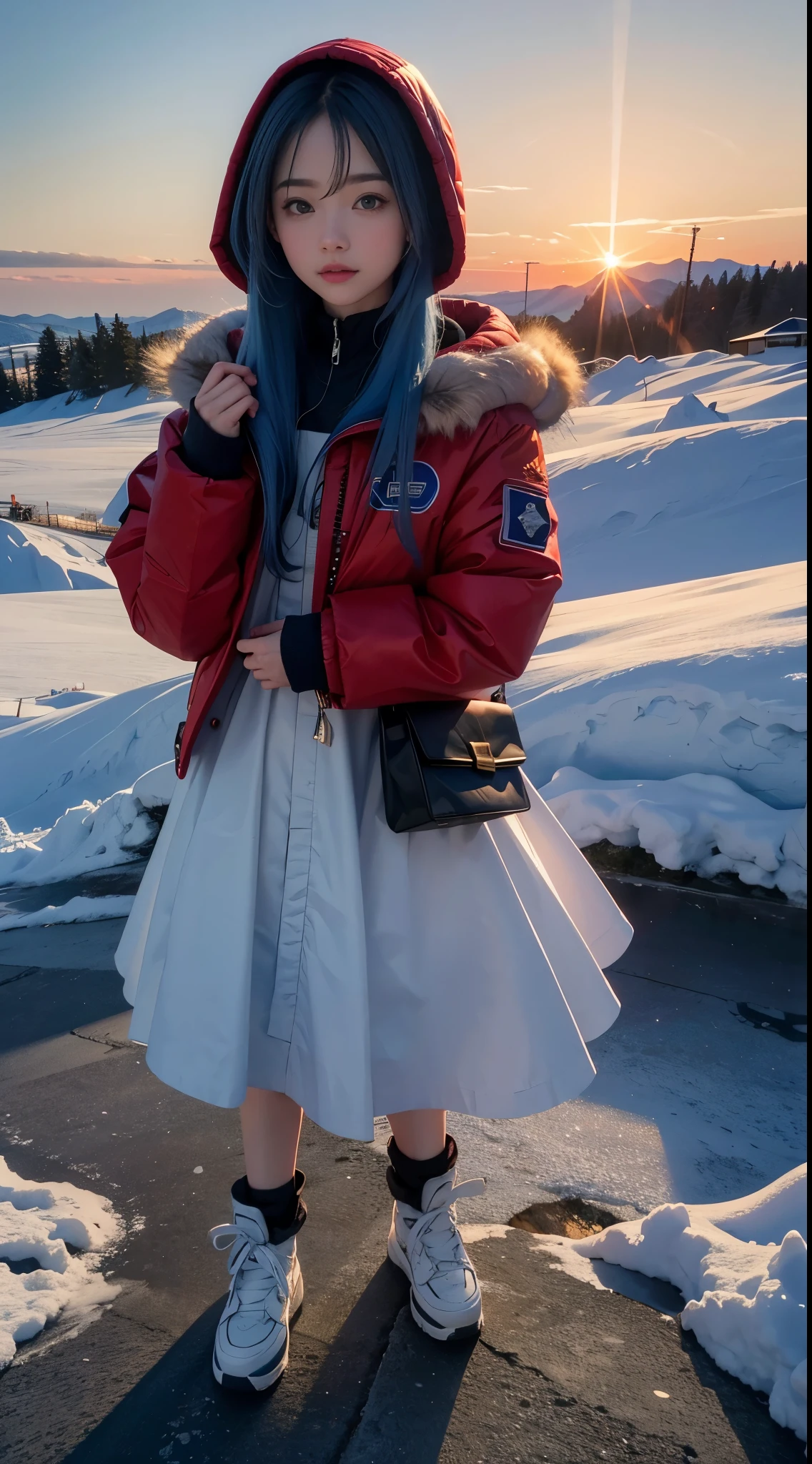 1 girl,28 years old,(beautiful girl),fur-trimmed hooded jacket,Red down jacket,hands and feet,long blue hair,train,orbiting, snowfield, Sunset,(Super real), (masterpiece),((Super detailed)), (Highly detailed),(Least expressive quality:1.2), High quality texture, intricate details, Detailed texture, High quality shadows, light, depth of field, Light source contrast,8k,Award-winning works,