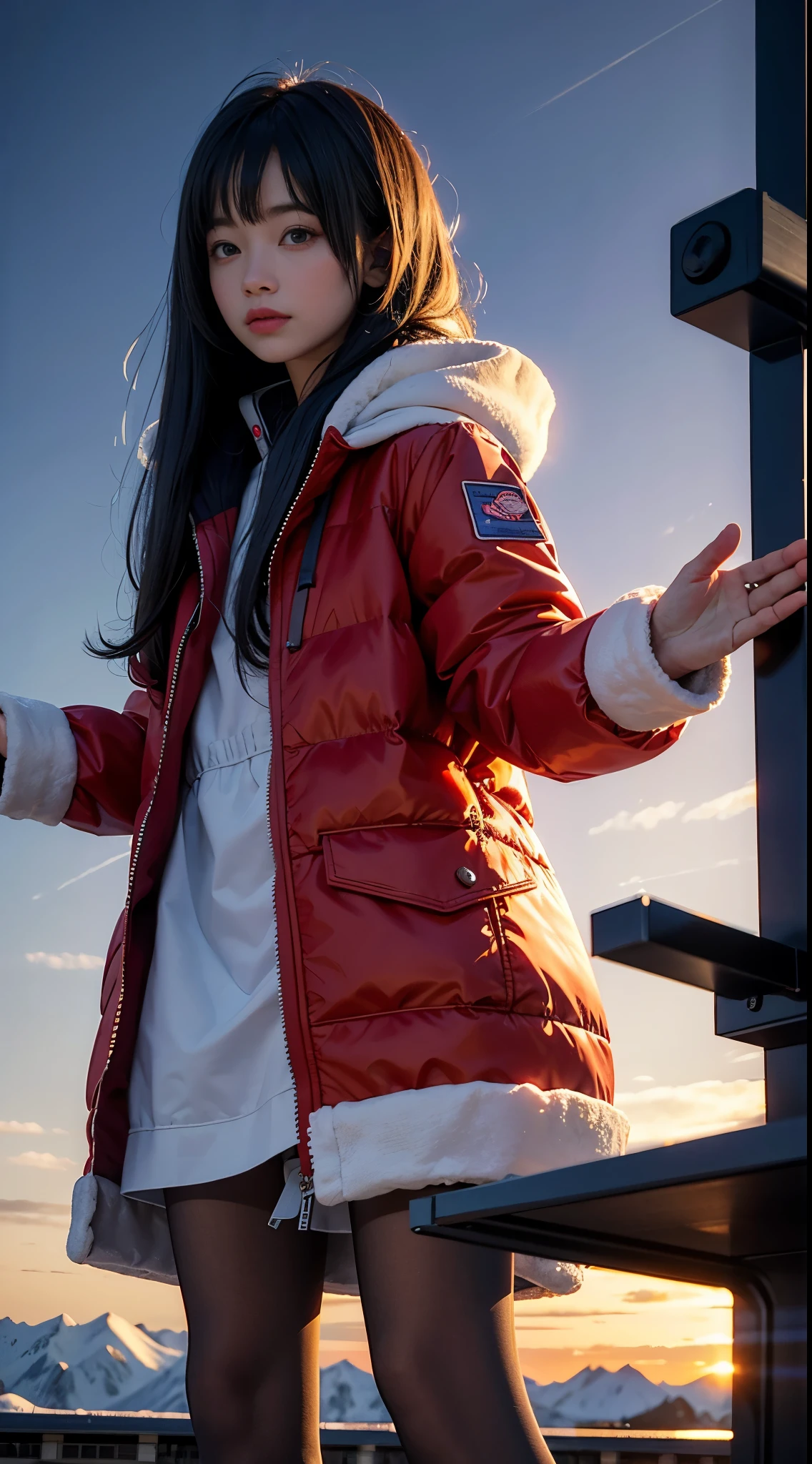 1 girl,28 years old,(beautiful girl),fur-trimmed hooded jacket,Red down jacket,hands and feet,long blue hair,train,orbiting, snowfield, Sunset,(Super real), (masterpiece),((Super detailed)), (Highly detailed),(Least expressive quality:1.2), High quality texture, intricate details, Detailed texture, High quality shadows, light, depth of field, Light source contrast,8k,Award-winning works,