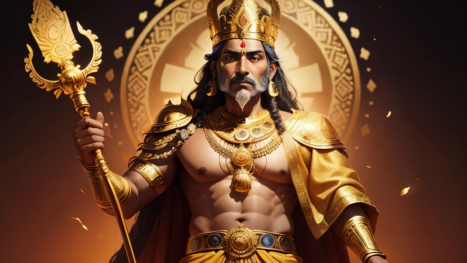 ancient indian king from chola dynasty standing with a golden sceptre in his hand, camera is on his back, the king is wearing alongated golden indian crown 
