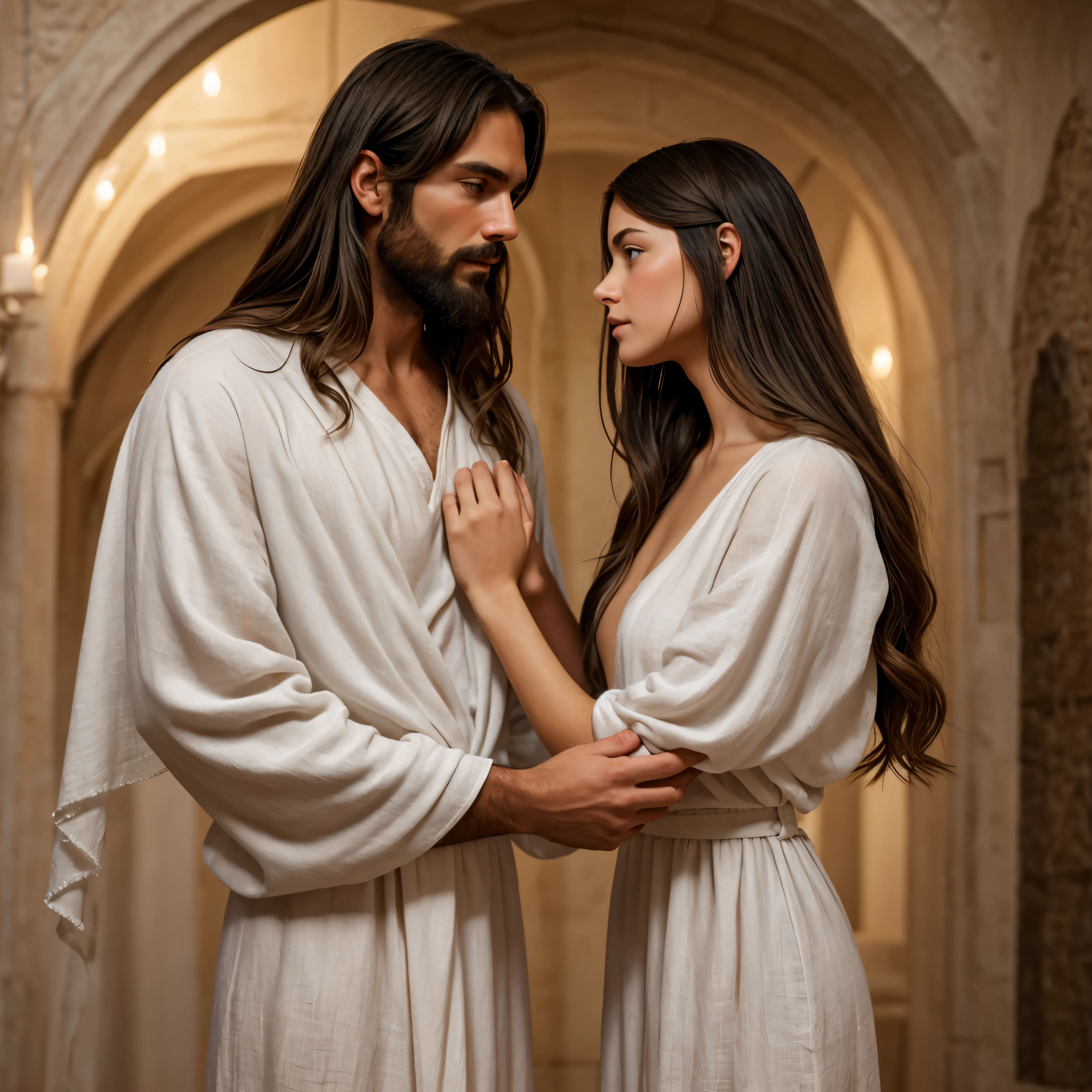 Jesus holding a naked girl in his arms, covered with white cloth.. Blue-eyed blonde. Jesus is a tall, black-haired man with brown eyes...