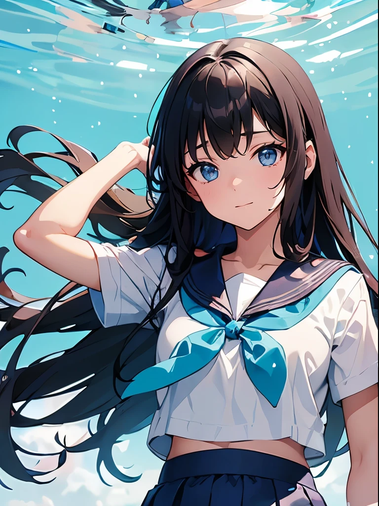 naughty woman, , wearing sailor suot, light blue, , close up, anime, anime movie, twinkle smile, light sparkling brown eyes, black long hair