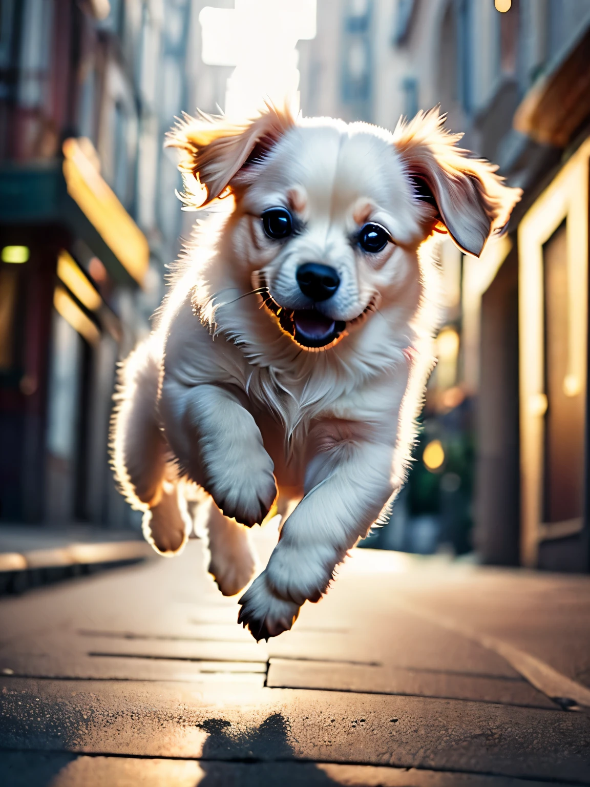 Close-up photo of a very cute jumping puppy on the street, white, soft volume light, (Backlight: 1.3), (movie: 1.2), intricate details, (art station: 1.3), rutkowski