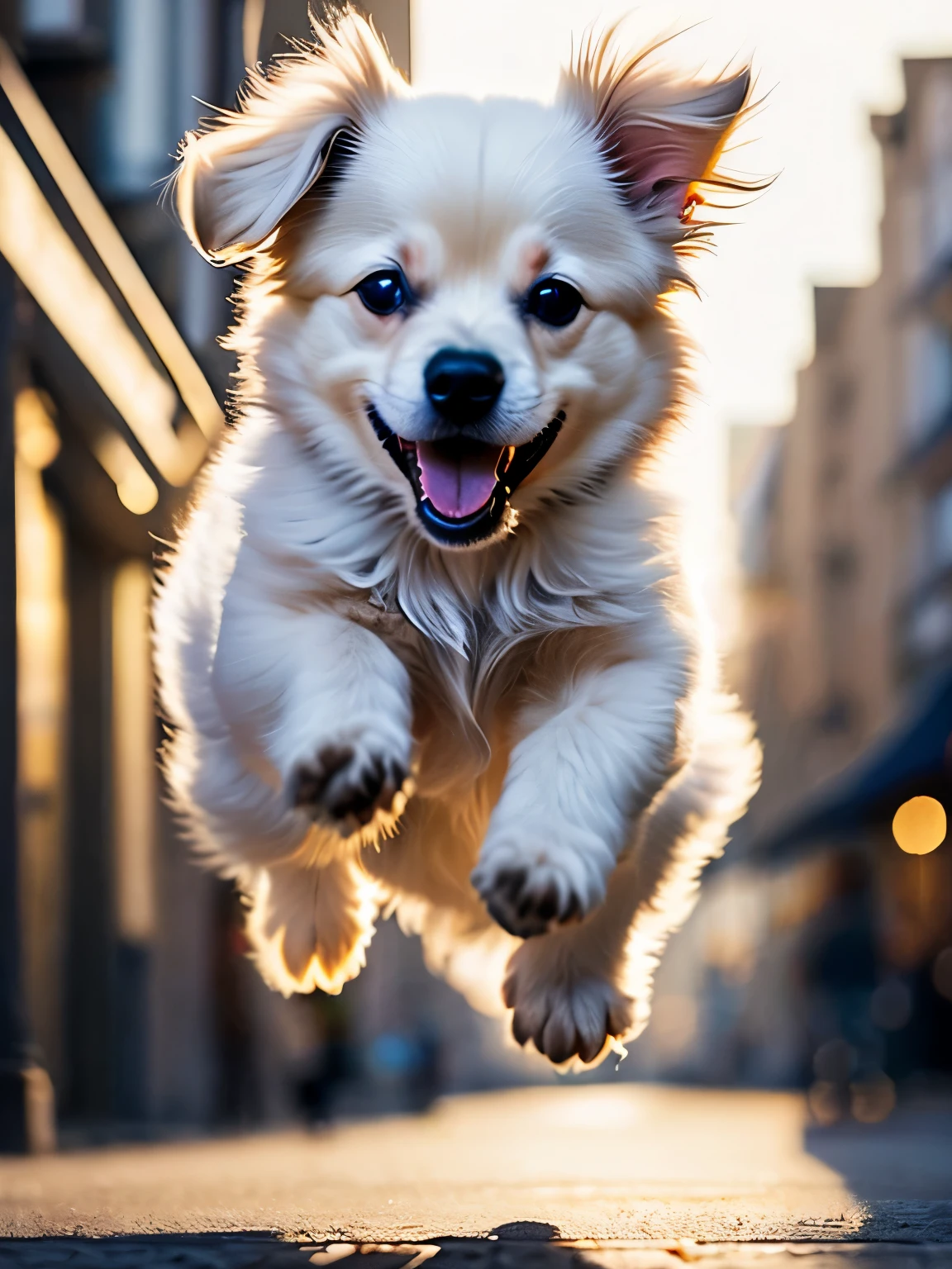 Close-up photo of a very cute jumping puppy on the street, white, soft volume light, (Backlight: 1.3), (movie: 1.2), intricate details, (art station: 1.3), rutkowski