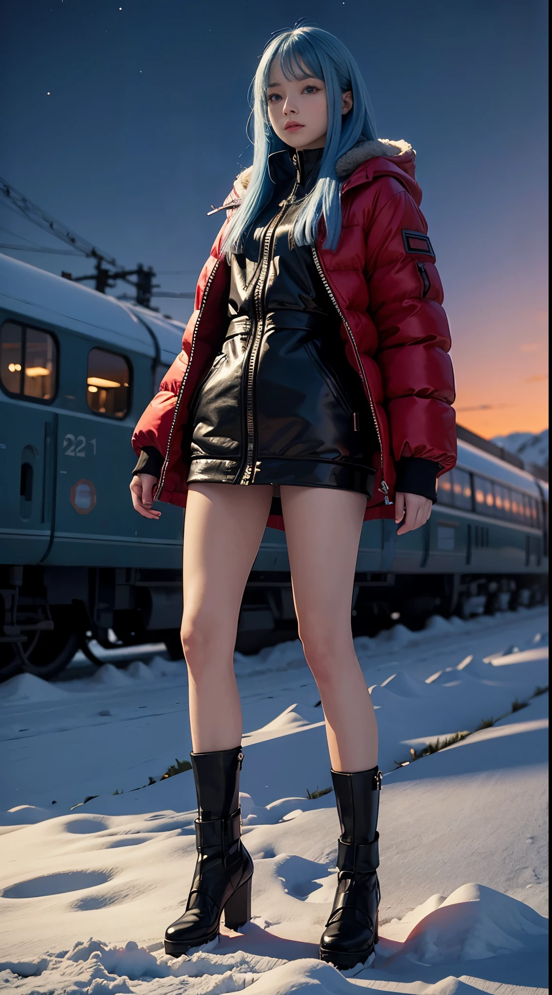 1 girl,28 years old,(beautiful girl),fur-trimmed hooded jacket,Red down jacket,hands and feet,long blue hair,train,orbiting, snowfield, Sunset,(Super real), (masterpiece),((Super detailed)), (Highly detailed),(Least expressive quality:1.2), High quality texture, intricate details, Detailed texture, High quality shadows, light, depth of field, Light source contrast,8k,Award-winning works,