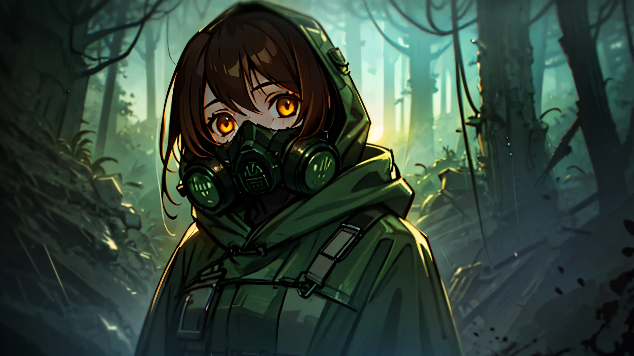 best quality, masterpiece, 1girl, mature female, brown hair, green camouflage, solo, upper body, looking at viewer, black gas mask, goggles on head, jacket, raincoat, hooded up, creepy abandoned fantasy village in the distance, dark, spooky, forest dirt trail, dramatic lighting