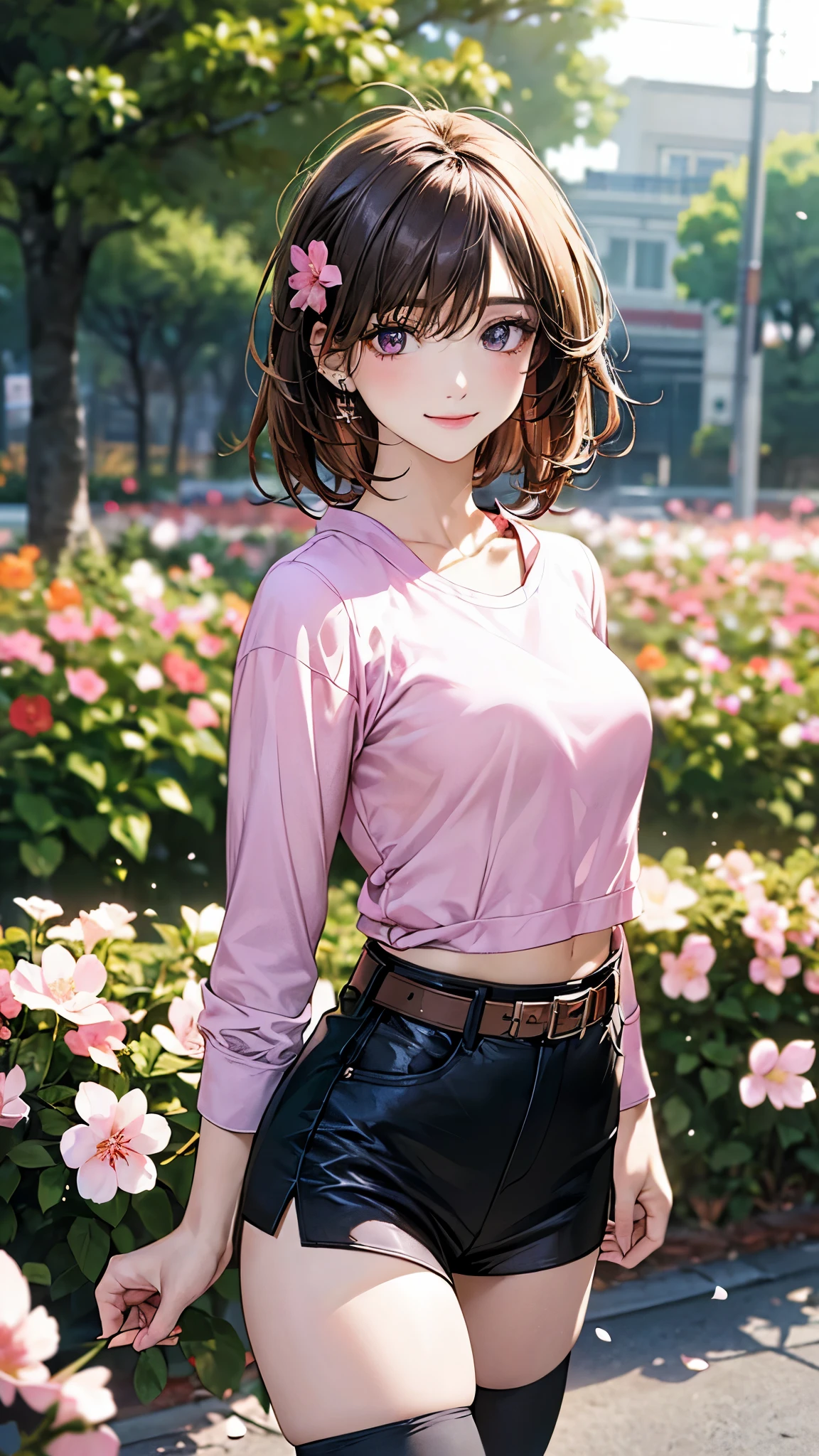 (masterpiece:1.2, top-quality), (realistic, photorealistic:1.4), beautiful illustration, (natural side lighting, movie lighting),
looking at viewer, cowboy shot, 1 girl, japanese, hot girl, perfect face, cute and symmetrical face, shiny skin, babyface,
(short hair, messy hair:1.2, brown hair), hair over one eye:1.2, purple eyes, (middle breasts, seductive thighs, big ass), piercings,
beautiful hair, beautiful face, beautiful detailed eyes, beautiful clavicle, beautiful body, beautiful chest, beautiful thigh, beautiful legs, beautiful fingers,
((midriff, asymmetrical legwear, pink shirt, belt, black miniskirt, black thigh-highs)), flower hair ornament, jewelry,
(beautiful scenery), evening, flower garden, cherry blossom, walking, (lovely smile, upper eyes),