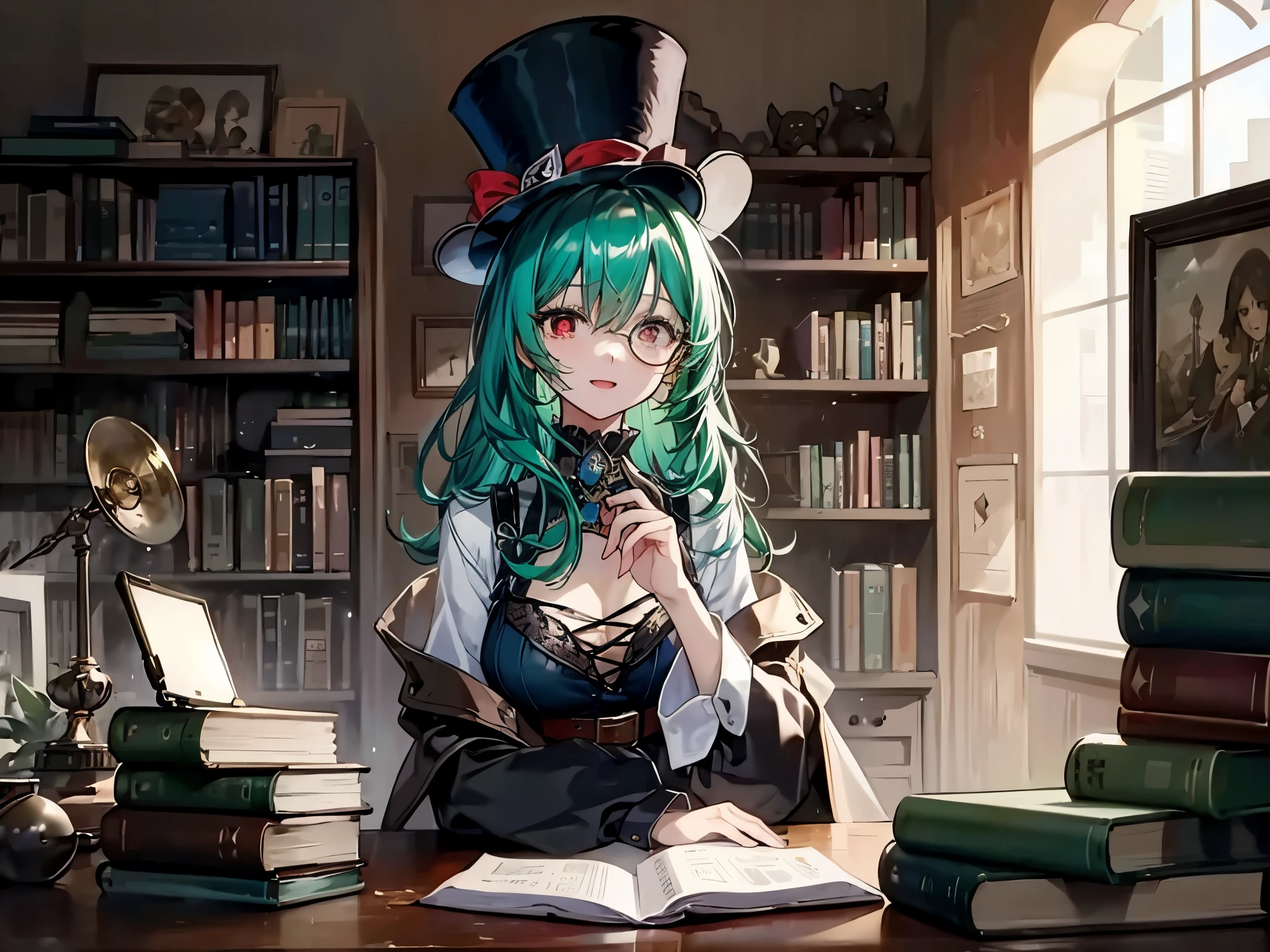 (((masterpiece、Highest image quality、highest quality、highly detailed unity 8kwallpaper)))、((Illustration of one girl、upper body))、(((beautiful girl)))、(librarian)、(Emerald green hair、messy hair、sidelocks、red eyes、Open pupils、crazy smile:1.4)、(((flat chest)))、(((monocle)))、pocket watch、(((Black top hat、Black tuxedo、belt)))、great medieval library、Large amount of books、dimly lit room
