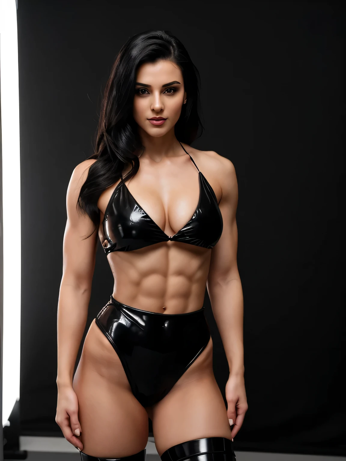 1girl, 25 years old, cute woman,super mascular body , Gym going, black_hair,6_pack_abs, big biceps, belly_button, (hips and groin showing), black_high_heels , professional studio for photo shoot in elegant lighting , looking in camera, posing like super model