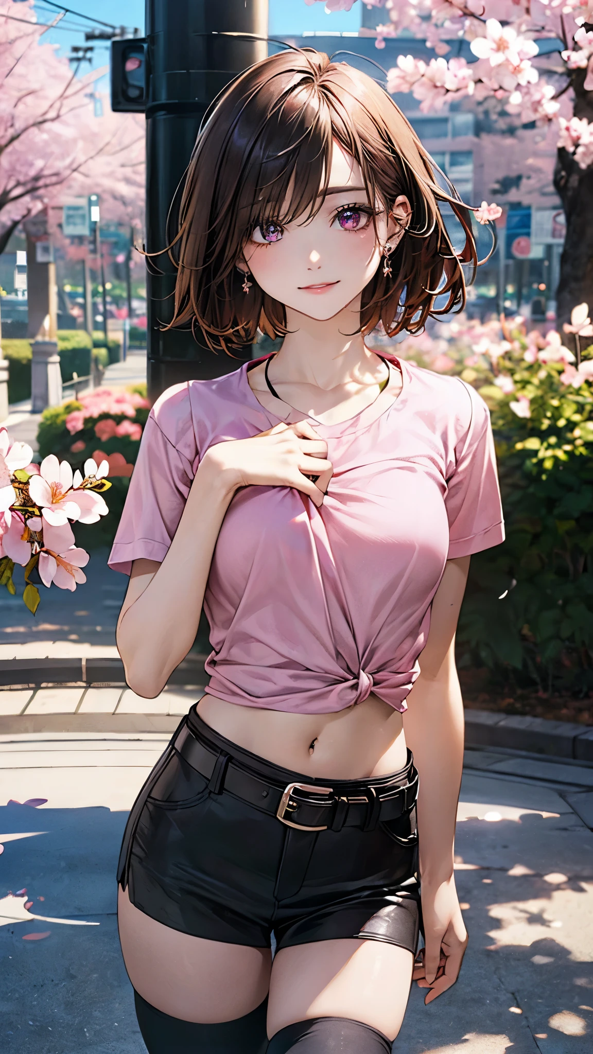 (masterpiece:1.2, top-quality), (realistic, photorealistic:1.4), beautiful illustration, (natural side lighting, movie lighting), 
looking at viewer, cowboy shot, 1 girl, japanese, hot girl, perfect face, cute and symmetrical face, shiny skin, babyface, 
(short hair, messy hair:1.2, brown hair), hair over one eye:1.2, purple eyes, (middle breasts, seductive thighs, big ass), piercings, 
beautiful hair, beautiful face, beautiful detailed eyes, beautiful clavicle, beautiful body, beautiful chest, beautiful thigh, beautiful legs, beautiful fingers, 
((midriff, asymmetrical legwear, pink shirt, belt, black miniskirt, black thigh-highs)), flower hair ornament, jewelry, 
(beautiful scenery), evening, flower garden, cherry blossom, walking, (lovely smile, upper eyes),
