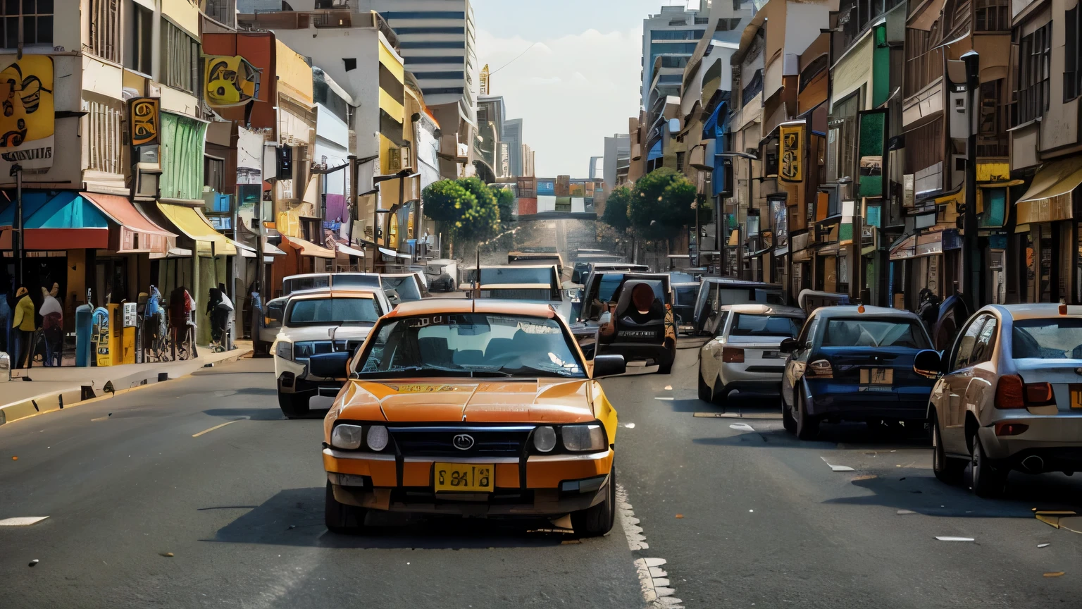 "Paint a vivid and dynamic scene of a bustling road in an African mega city during rush hour, capturing the chaotic harmony of diverse vehicles, vibrant street vendors, and the lively atmosphere that defines the urban pulse of the city."