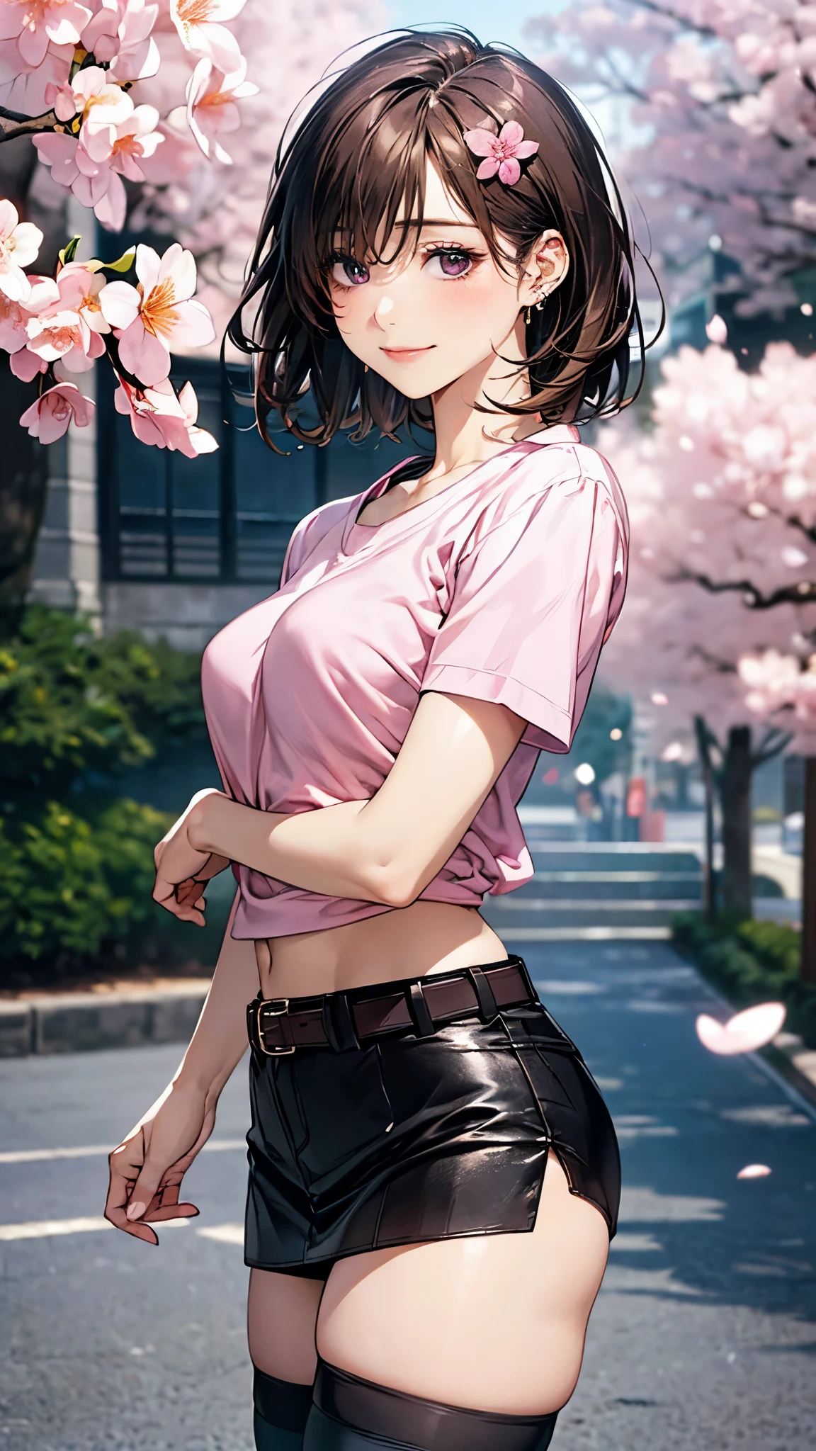 (masterpiece:1.2, top-quality), (realistic, photorealistic:1.4), beautiful illustration, (natural side lighting, movie lighting),
looking at viewer, cowboy shot, 1 girl, japanese, hot girl, perfect face, cute and symmetrical face, shiny skin, babyface,
(short hair, messy hair:1.2, brown hair), hair over one eye:1.2, purple eyes, (middle breasts, seductive thighs, big ass), piercings,
beautiful hair, beautiful face, beautiful detailed eyes, beautiful clavicle, beautiful body, beautiful chest, beautiful thigh, beautiful legs, beautiful fingers,
((midriff, asymmetrical legwear, fastener pink shirt, belt, black miniskirt, black thigh-highs)), flower hair ornament, jewelry,
(beautiful scenery), evening, flower garden, cherry blossom, walking, (lovely smile, upper eyes),