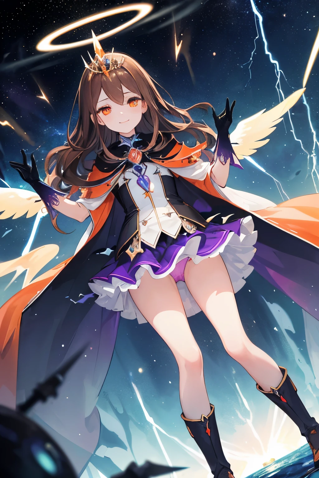 (((1girl))), ((best quality)), ((masterpiece)), ((ultra-detailed)), (illustration), (detailed light), (an extremely delicate and beautiful), (beautiful detailed eyes), (sunlight), ((extremely light)), ((extremely clothes)), (((hyper detail))),(((((front lighting))))),(((((front light))))),
((((quite adorable and much more erotic Warlock's robe with a brief skirt and magical tiara)))), (((Finest Ranked Warlock))),
,
((wavy long hair)), ((((dark brown hair)))), (((long hair))),
(((deep orange eyes))), (((tiny adorable angel wings))), (((angel halo))),
(((whole body))), 8 to 1((())))),
((condescending expression)), ((mischievous smile with sexual satisfaction)), (((extra adorable))), (((((extra slender shape))))),
(((extremely beautiful detailed face))), (((surrounded by many planets in Space))),
(((((bravely attacking enemies by a spell of Divine Lightning of Final Heavenly Judgement))))), (((elegant magic boots))),
(((((Dutch angle))))), (((magical colored gloves))), ((transparent magical underskirt)), (a little bit exposed magical colored panties)
