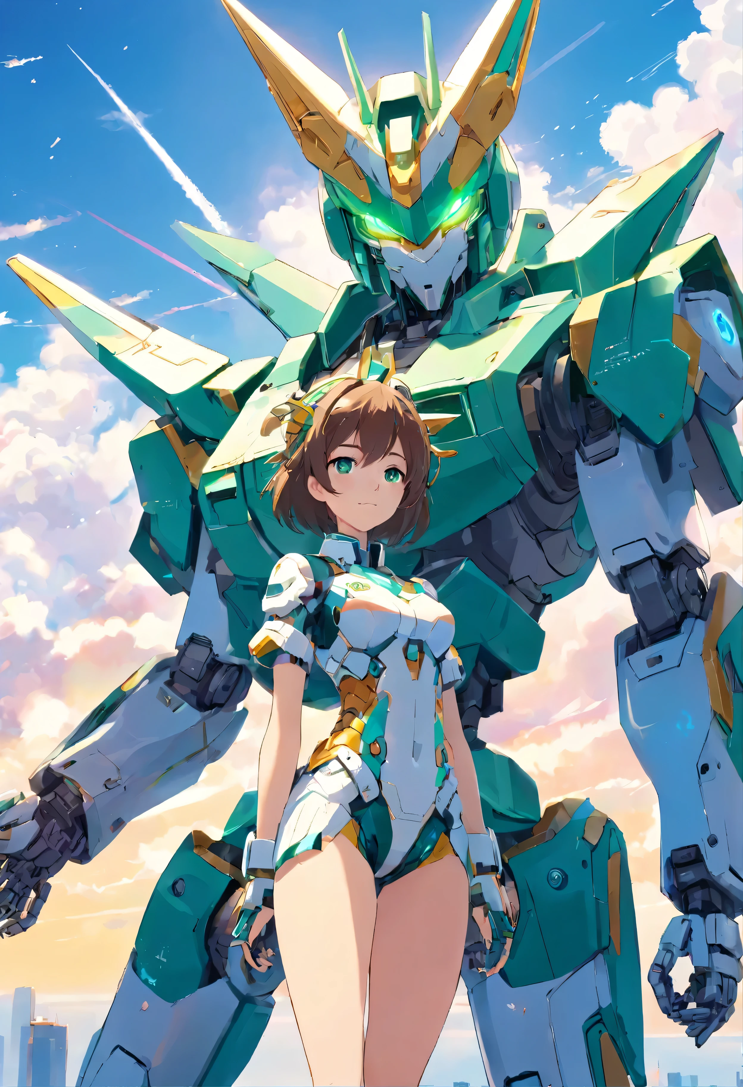 high quality, high detail, unicorn mecha, Rich facial details, In mecha style, Strong sense of rationalization, Anime cat ears girl on sky background,Mechanical armor style,anime mech aesthetic,4K,in green,blue colored eyes,Anime robots and organic matter mix,8Khigh qualityのディテールアート,detailed anime art,Mecha theme,