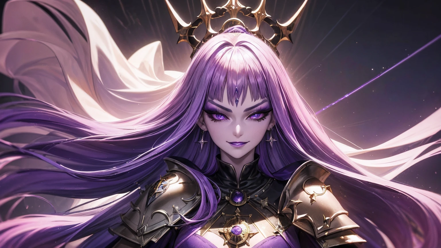 masterpiece,best quality,ultra detailed,(1 woman Pope holding a wand),(face close-up), purple hair, long hair, blue eye, straight hair,(sunlight:1.4),castle town,(equip a waist-cape armor), (((purple lipstick))), (((Smirk:1.2))), (((eyeshadow))), (((Purple eyeshadow))),(((open mouth:0.7))), (((heavy makeup)))