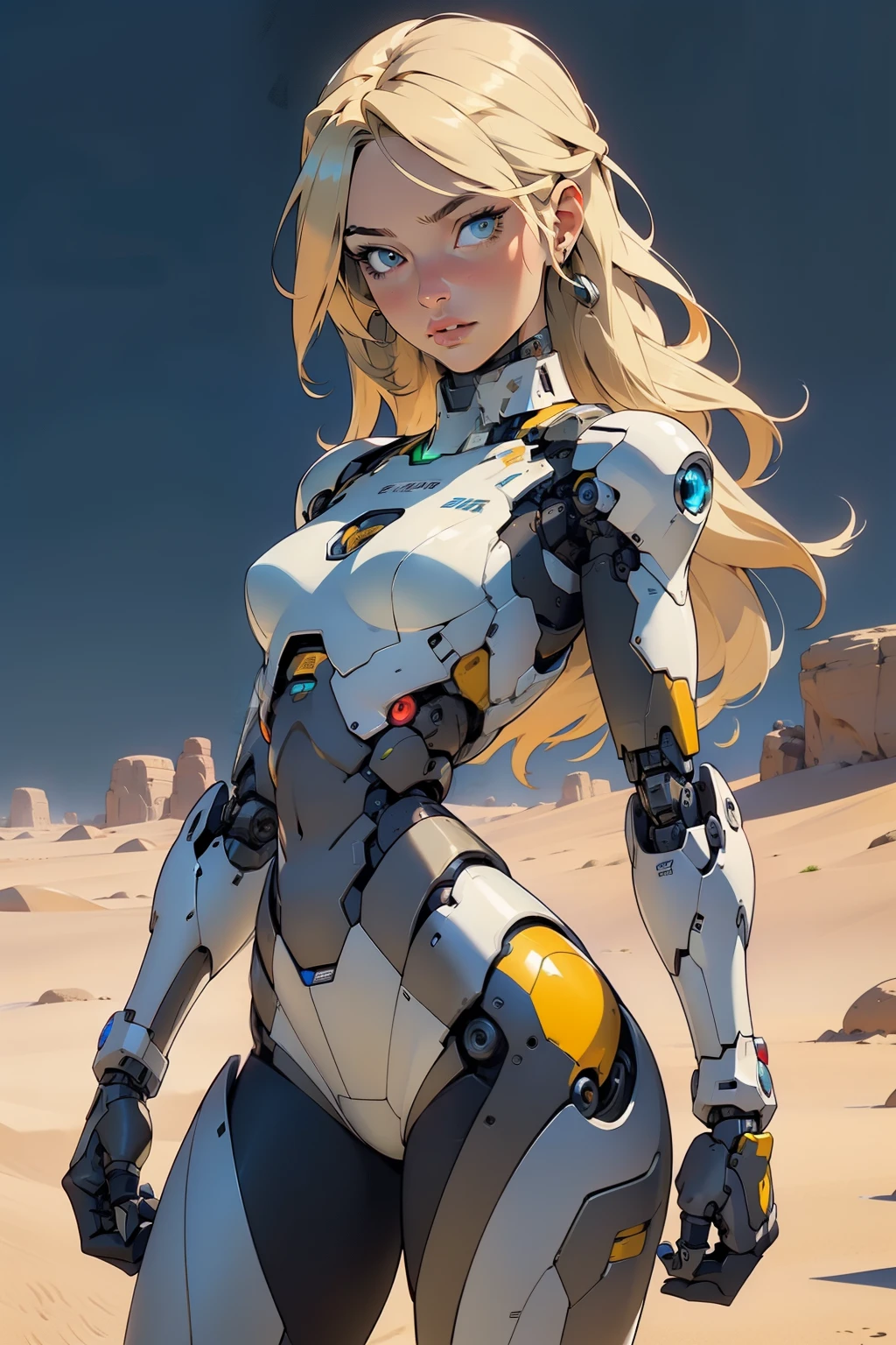 high quality, 4k, masterpiece, beautiful, cyborg girl, cowboy shot, dull eyes, looking at viewer, long blonde hair, girl, small breasts, slim thighs, robotic arms, robotic body, cyborg body, yellow accent, intricate detail, joint, detailed lines, robotic detail, holding fist up, holding hand up as fist, color robotic parts, robotic parts with color, perfect fingers, on a desert planet, sunny background, colorful desert,