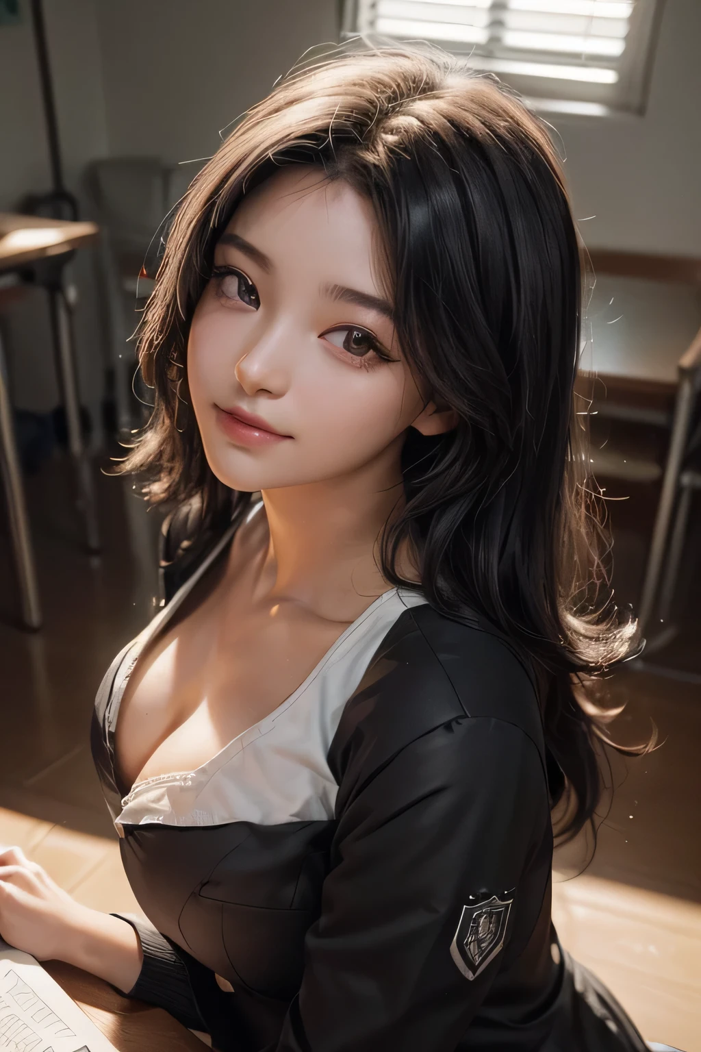 anime, eStilo anime de mujer realista, (aegyo sal: 1), de 18 anos, (blazer cinza, Amor, minissaia dobrada, Meias, Uniforme escolar particular: 1.2), Secondary Classroom, Belo detalhe nos olhos, (tamanho dos olhos: 3/4) luz no rosto, ((foto de corpo inteiro: 1.2)), Luz especialmente forte, (Olhos superiores, Sorriso sorridente: 1.2), pele brilhante, (((cabelo preto, Roberto Cabello: 1.2))), (coxas grossas), ulzzang-6500-v1.1: 0.2, Shy, (flash: 1.2), NSFW , (Inchado), ((postura sedutora: 1.2, Atraente: 1.2)), (inativo), (sentado em uma mesa na sala de aula: 1.2)), ((boa anatomia: 1.2)), ((Sala de aula luminosa e refrescante, fundo desfocado: 1.2)), rosto perfeito, Beautiful and symmetrical face, (High angle shooting: 1.2)S., Natural side lighting, ((8k, Fotos RAW, Qualidade superior, Obras-primas), RAW color photos high definition professional close-up photos, (realista, fotorrealismo: 1.37), (Mais alta qualidade), (Melhores sombras), (better illustrations), Clavicles ((Grande)), ((erotic, sexy, ultra-high resolution, 8K HD Unified CG Wallpapers, Physical representation, film lighting), Canon EOS R50 camera 50mm lens