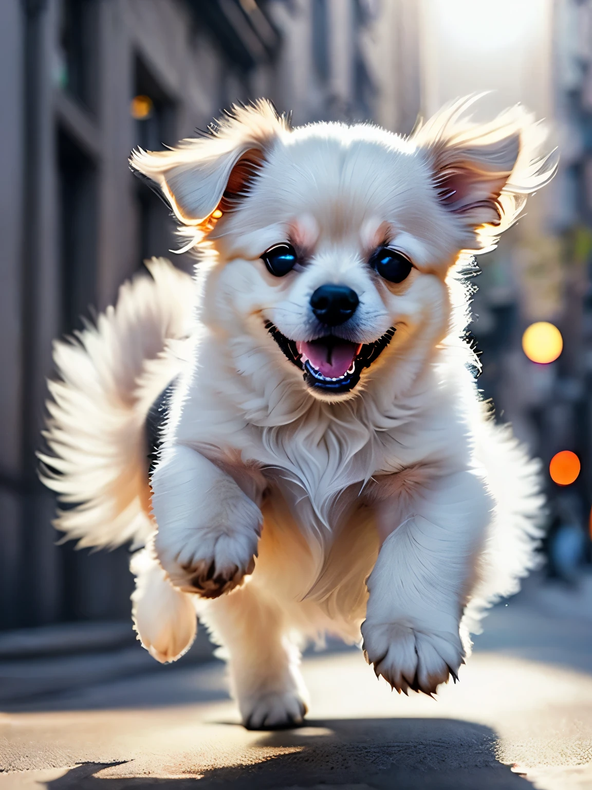 Close-up photo of a very cute jumping puppy on the street, white, soft volume light, (Backlight: 1.3), (movie: 1.2), intricate details, (art station: 1.3), rutkowski