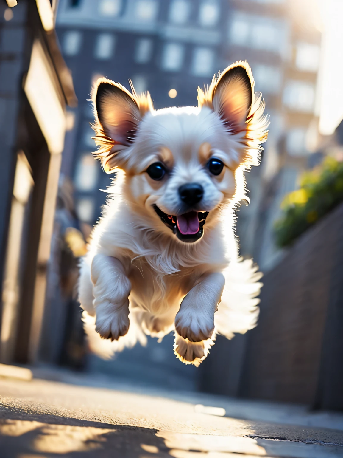 Close-up photo of a very cute jumping puppy on the street, white, soft volume light, (Backlight: 1.3), (movie: 1.2), intricate details, (art station: 1.3), rutkowski