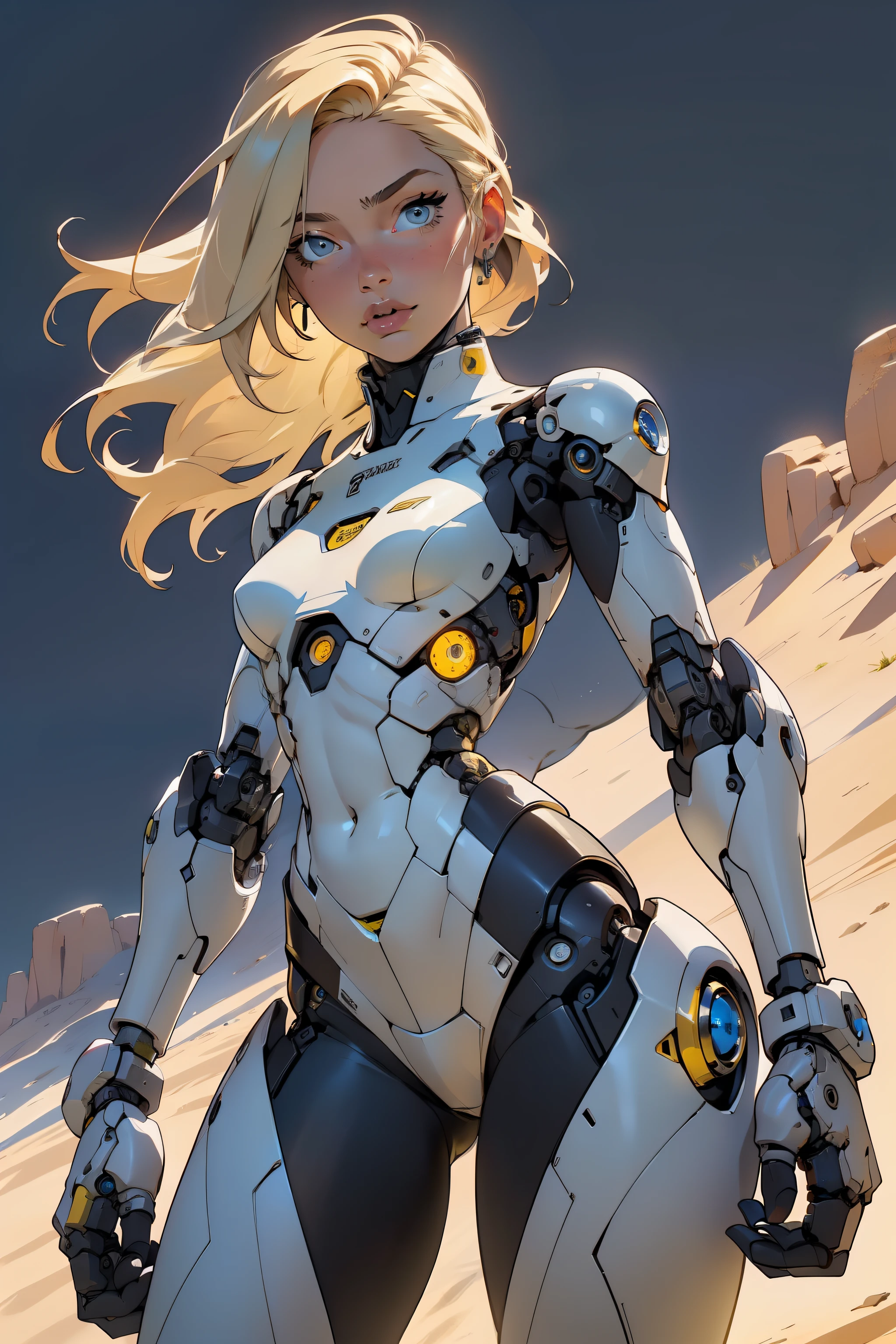 high quality, 4k, masterpiece, beautiful, cyborg girl, cowboy shot, dull eyes, looking at viewer, long blonde hair, girl, small breasts, slim thighs, robotic arms, robotic body, cyborg body, yellow accent, intricate detail, joint, detailed lines, robotic detail, holding fist up, holding hand up as fist, color robotic parts, robotic parts with color, perfect fingers, on a desert planet, sunny background, colorful desert,