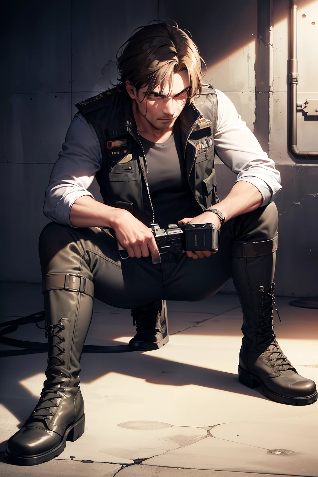 Arafed man in a vest and boots sitting on a floor - SeaArt AI
