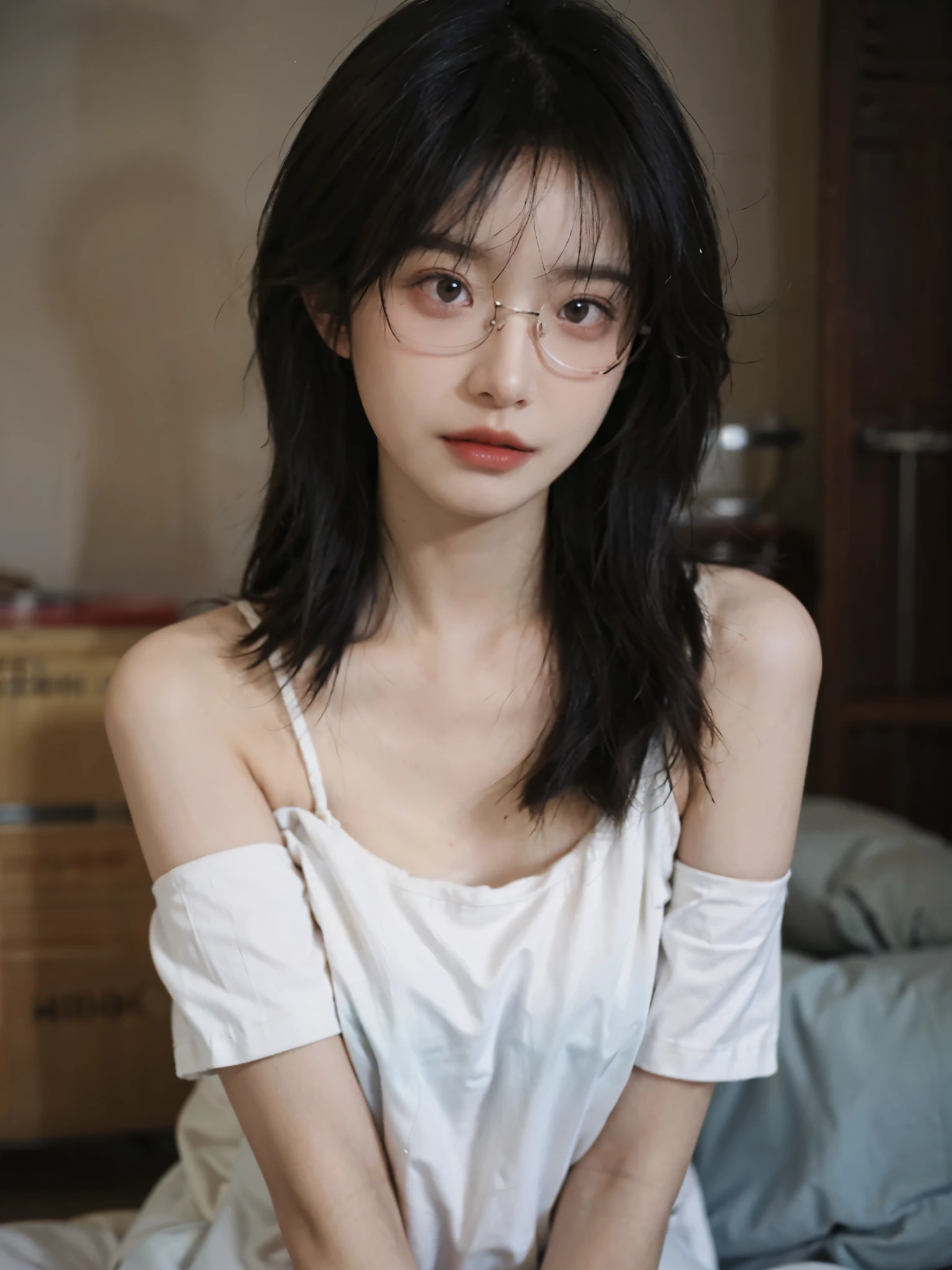 Film portrait photography, 1 girl, bare shoulders,lipstick,(flat chest:1.4), Shoulder length wavy hair, Wear high-end glasses,White short sleeves,serene, calm, (Realistic and detailed eyes, natural skin texture, Realistic facial details), Soft dramatic lighting, depth of field, Bokeh, Vibrant details, detailed meticulous, hyper-realistic, 35mm film, hazy, ,