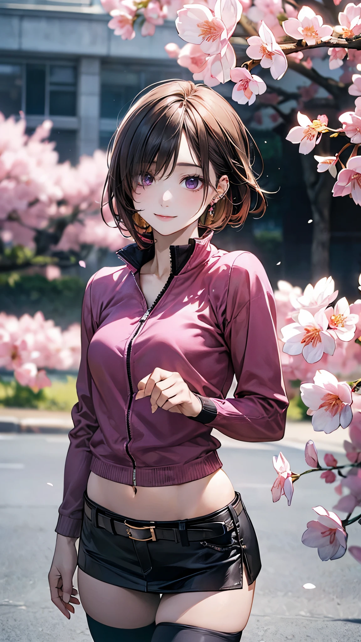 (masterpiece:1.2, top-quality), (realistic, photorealistic:1.4), beautiful illustration, (natural side lighting, movie lighting), 
looking at viewer, cowboy shot, 1 girl, japanese, hot girl, perfect face, cute and symmetrical face, shiny skin, babyface, 
(short hair, messy hair:1.2, brown hair), hair over one eye:1.2, purple eyes, (middle breasts, seductive thighs, big ass), piercings, 
beautiful hair, beautiful face, beautiful detailed eyes, beautiful clavicle, beautiful body, beautiful chest, beautiful thigh, beautiful legs, beautiful fingers, 
((midriff, asymmetrical legwear, shocking pink zip-up shirt, belt, black miniskirt, black thigh-highs)), flower hair ornament, jewelry, 
(beautiful scenery), evening, flower garden, cherry blossom, walking, (lovely smile, upper eyes),