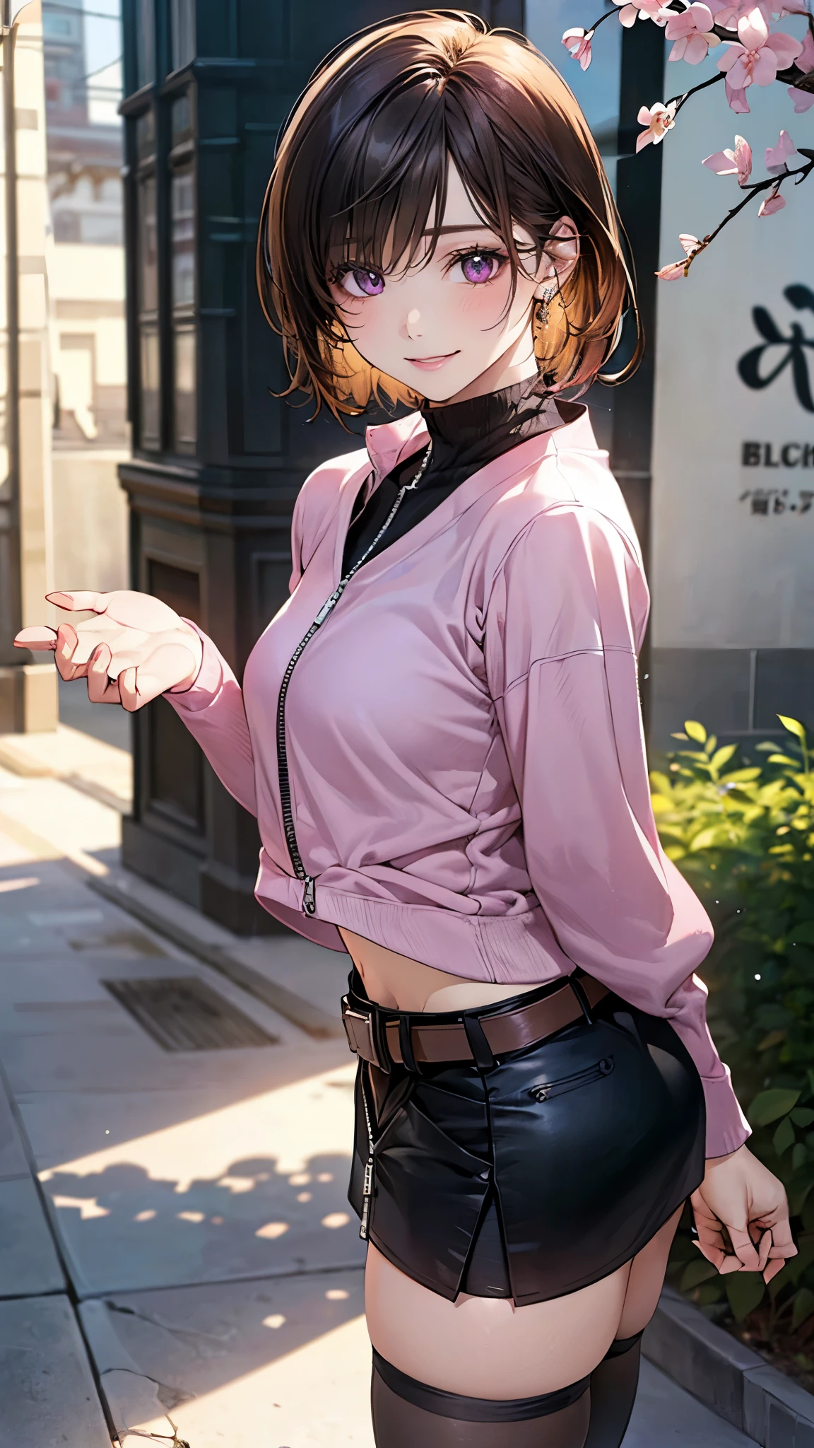 (masterpiece, best quality, detailed), 1girl, solo, looking at viewer, <lora:jougasaki_mika_v1:0.7>, aamika, ponytail, hair bow, turtleneck sweater, ribbed sweater, round eyewear, outdoors, stairs, stone stairs, cherry blossoms, bamboo forest, waving, hand up, skirt, handbag, torii, walking, arm at side, smile, parted lips