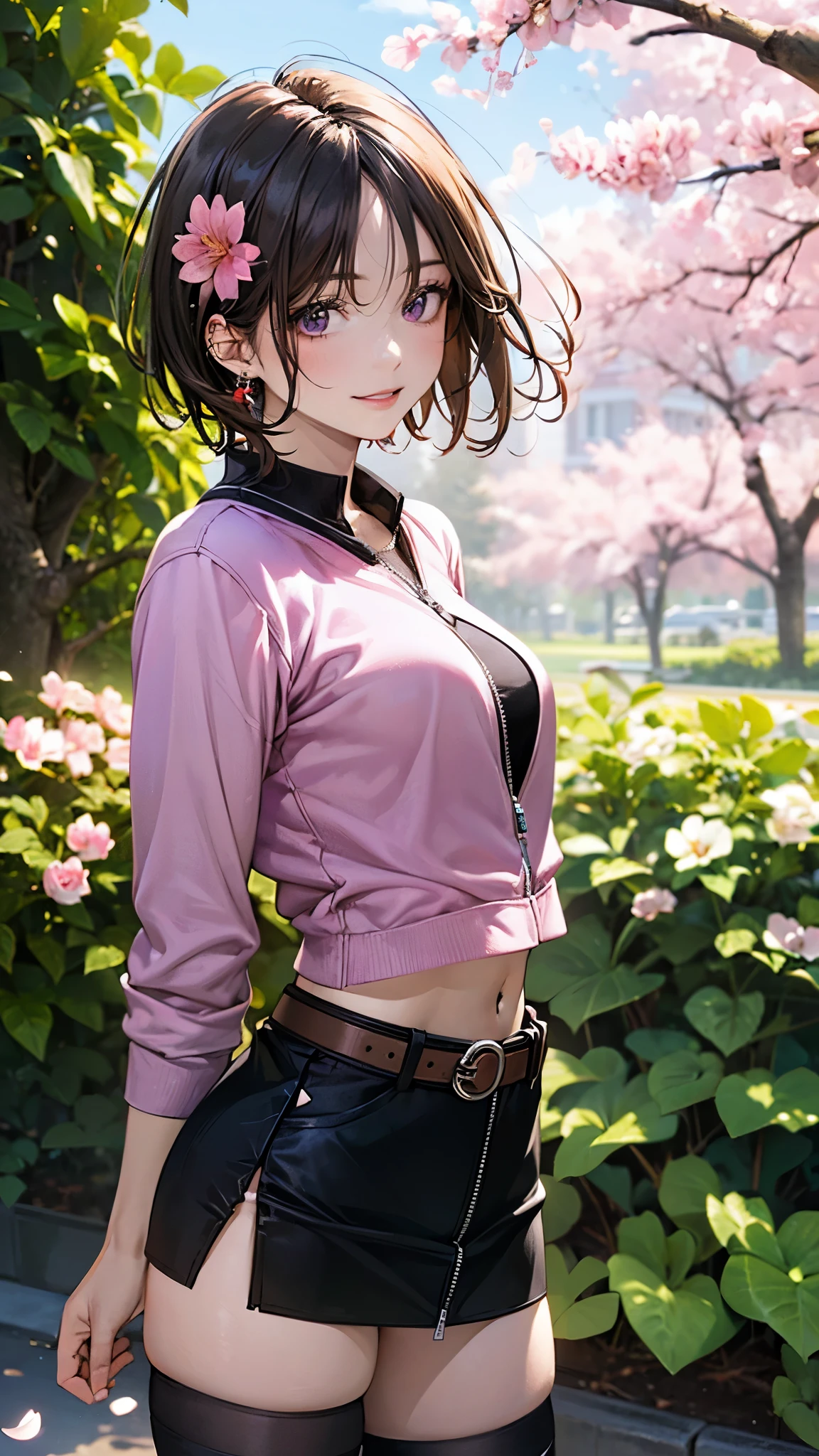 (masterpiece:1.2, top-quality), (realistic, photorealistic:1.4), beautiful illustration, (natural side lighting, movie lighting), 
looking at viewer, cowboy shot, 1 girl, japanese, hot girl, perfect face, cute and symmetrical face, shiny skin, babyface, 
(short hair, messy hair:1.2, brown hair), hair over one eye:1.2, purple eyes, (middle breasts, seductive thighs, big ass), piercings, 
beautiful hair, beautiful face, beautiful detailed eyes, beautiful clavicle, beautiful body, beautiful chest, beautiful thigh, beautiful legs, beautiful fingers, 
((midriff, asymmetrical legwear, shocking pink zip-up shirt, belt, black miniskirt, black thigh-highs)), flower hair ornament, jewelry, 
(beautiful scenery), evening, flower garden, cherry blossom, walking, (lovely smile, upper eyes),