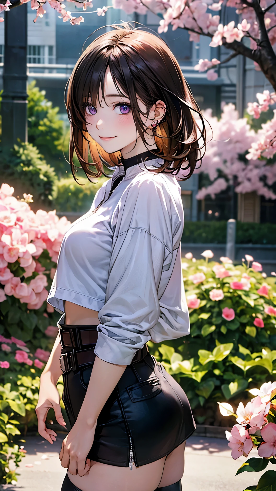 (masterpiece:1.2, top-quality), (realistic, photorealistic:1.4), beautiful illustration, (natural side lighting, movie lighting),
looking at viewer, cowboy shot, 1 girl, japanese, hot girl, perfect face, cute and symmetrical face, shiny skin, babyface,
(short hair, messy hair:1.2, brown hair), hair over one eye:1.2, purple eyes, (middle breasts, seductive thighs, big ass), piercings,
beautiful hair, beautiful face, beautiful detailed eyes, beautiful clavicle, beautiful body, beautiful chest, beautiful thigh, beautiful legs, beautiful fingers,
((midriff, asymmetrical legwear, shocking pink zip-up shirt, belt, black miniskirt, black thigh-highs)), flower hair ornament, jewelry,
(beautiful scenery), evening, flower garden, cherry blossom, walking, (lovely smile, upper eyes),