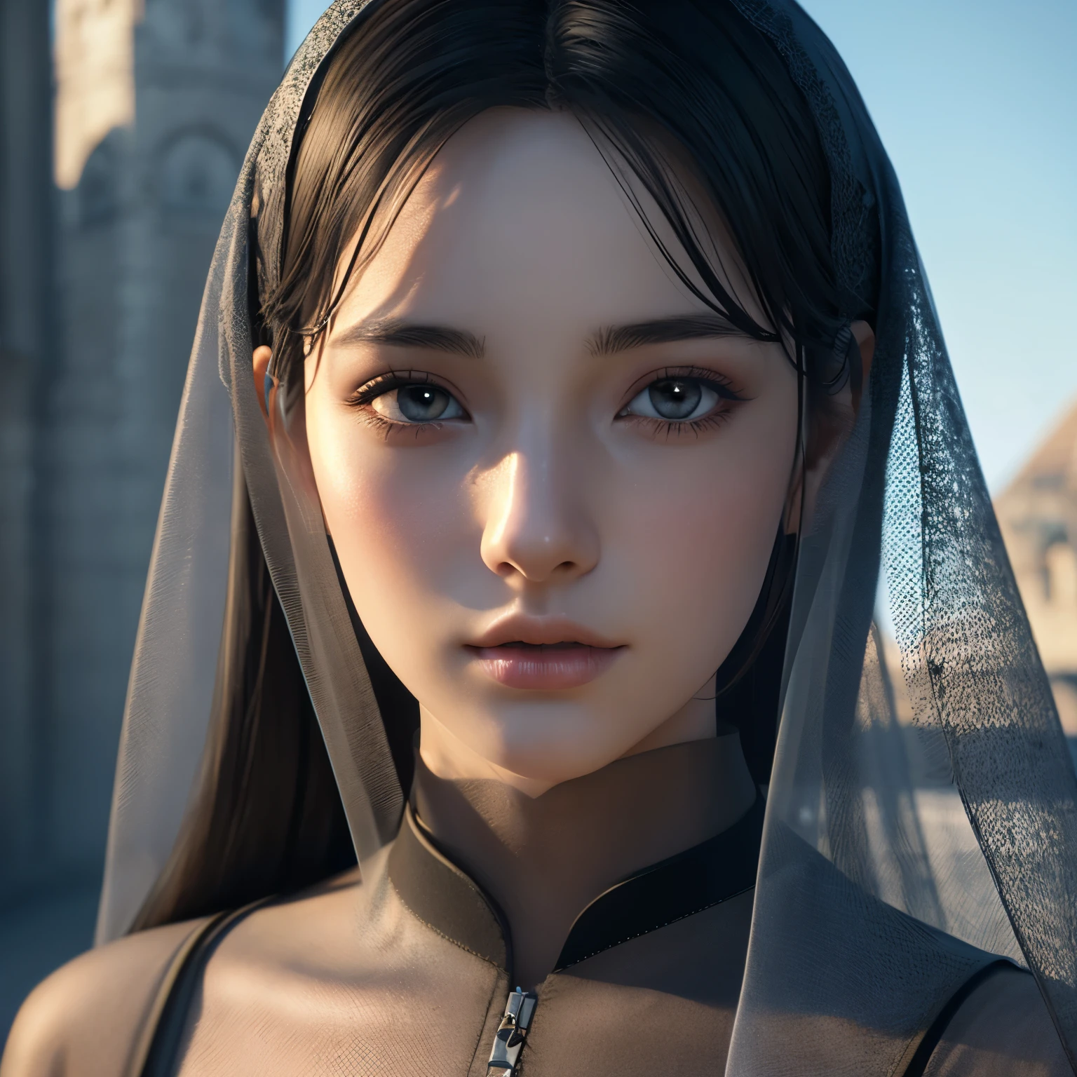 Sakimichan style, wallop style, portrait, detailed face, Beautiful woman, plump lips, Opaque veil, Medieval veil, Headrails, 12th century, Eyes with heterochromia, iridescent eyes, medieval clothing, Briaux, Lord of the Rings Gown, near perfect, beautiful anime style, Character Panorama, clean and detailed face, shining shadow, beautiful gradation, Depth of bounds written, Clean graphics, high quality, high detail, High resolution, Luminous Studio graphics engine、prayer