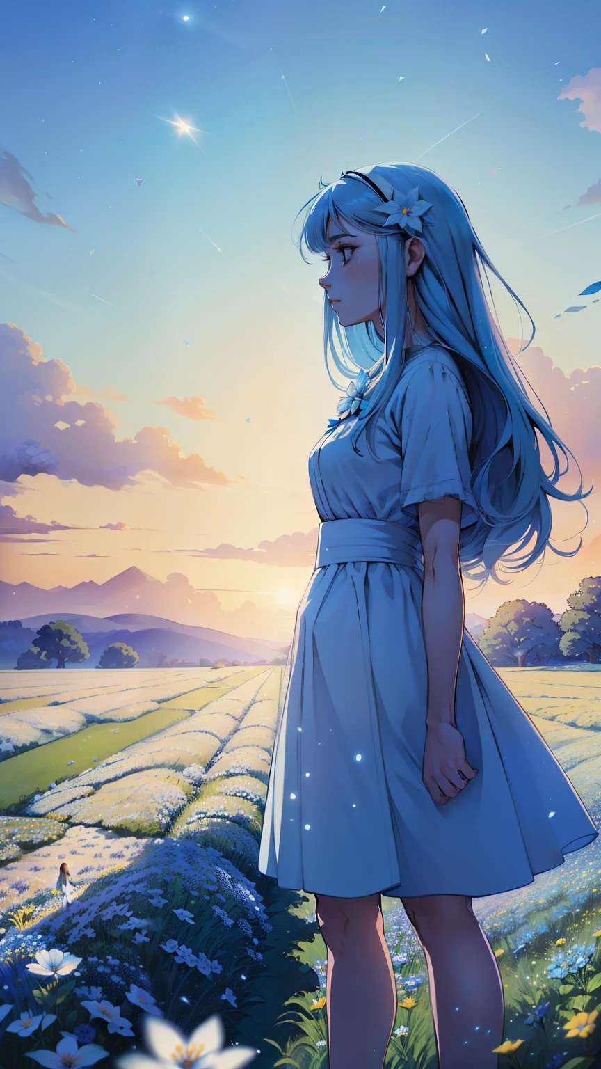 (absurdity, a high resolution, ultra detailed, UHD, Cinematic), One, 1 girl, mature, Happy, girl standing in light blue flower field, light blue flower petal surrounding girl, whole body, Blue girl with long hair, light blue hair, Fantasy, dreamy, snowy, Official art, pop art, profile, ultra detailed face, ultra detailed eyes, light blue flower field, ultra detailed field, white blue sky, cold, light blue, white, Nebula in the sky, Blue Tree, watercolor, pastel color