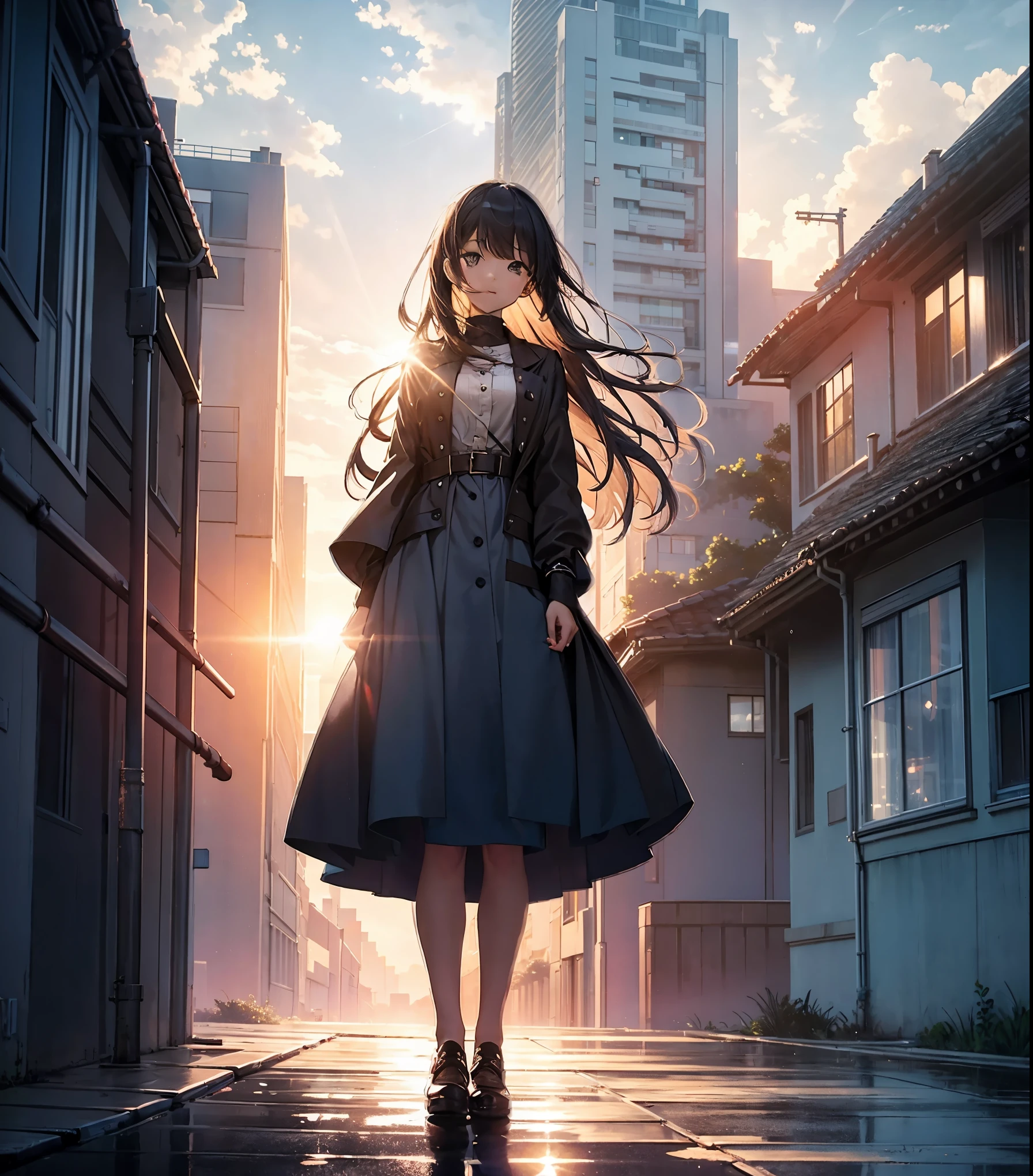 Masterpiece perfect art The girl looked at the sky where it was raining. In the middle of the sky, the sun shone dimly. The woman stood on the roof of a tall building. The atmosphere of light and color is beautiful and mesmerizing.