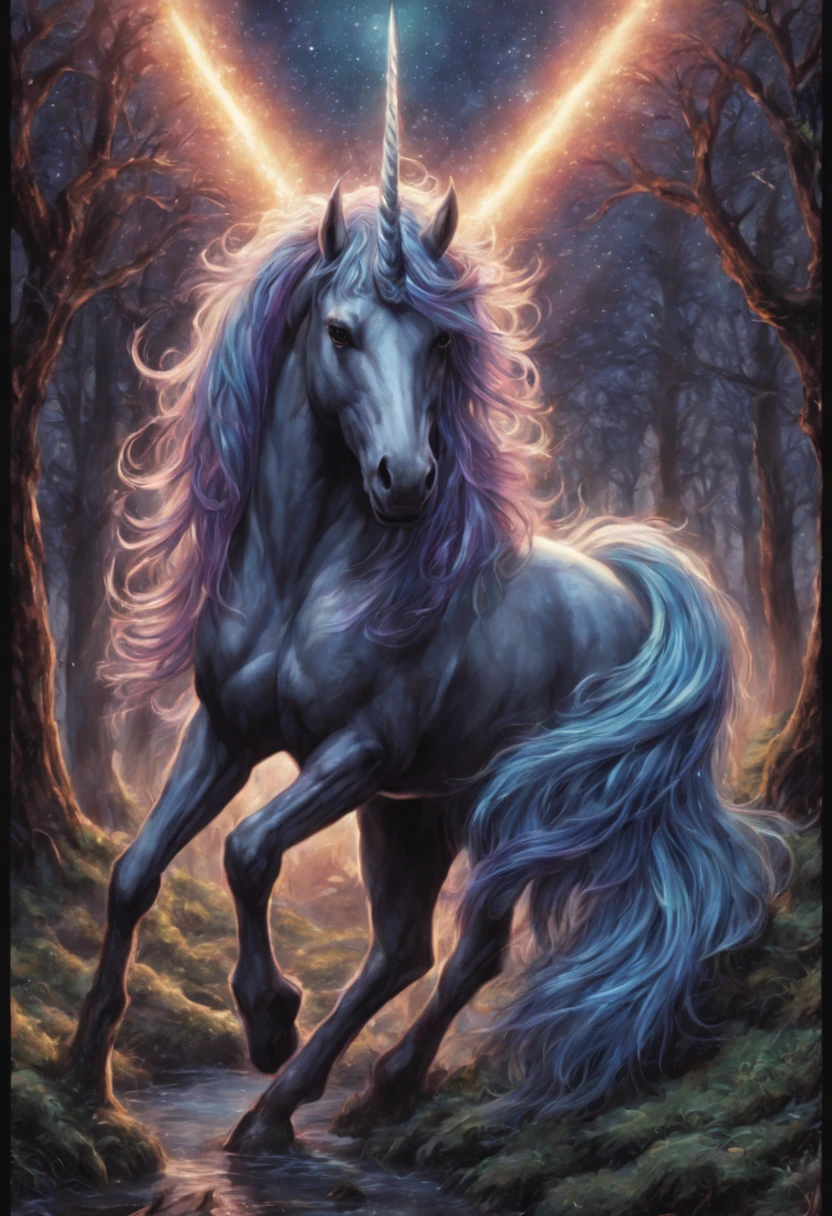 High Gothic Highly Detailed Multicolored (Fantasy Unicorn:1.5) under a Bright Starry Night Mark Brooks and Dan Mumford, comic book art, perfect, smooth