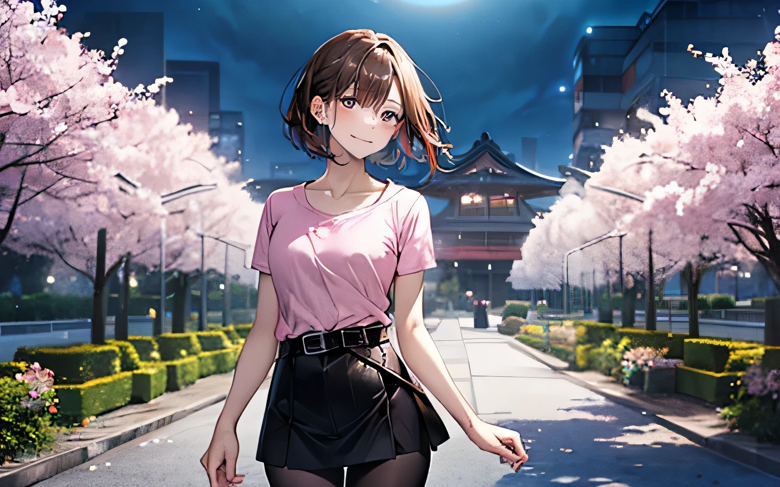 (masterpiece:1.2, top quality), (actual, photoactual:1.4), beautiful插图, (natural side Lighting, Light), 
looking at the audience, cowboy shooting, 1 girl, Japanese, fiery girl, perfect face, Cute and symmetrical face, 有Light泽的皮肤, baby face, 
(short hair, messy hair:1.2, brown hair), hair covering one eye:1.2, purple eyes, (medium bust, Seductive thighs, big ass), perforation, 
beautiful hair, pretty face, beautiful and delicate eyes, beautiful锁骨, beautiful body, beautiful , beautiful thighs, beautiful legs, beautiful fingers, 
((septum, Asymmetrical leggings, fastener pink shirt, belt, black miniskirt, black stockings)), Floral hair ornaments, jewelry, 
(beautiful风景), night, garden, Cherry blossoms, Walk, (cute smile, Upper eyes),