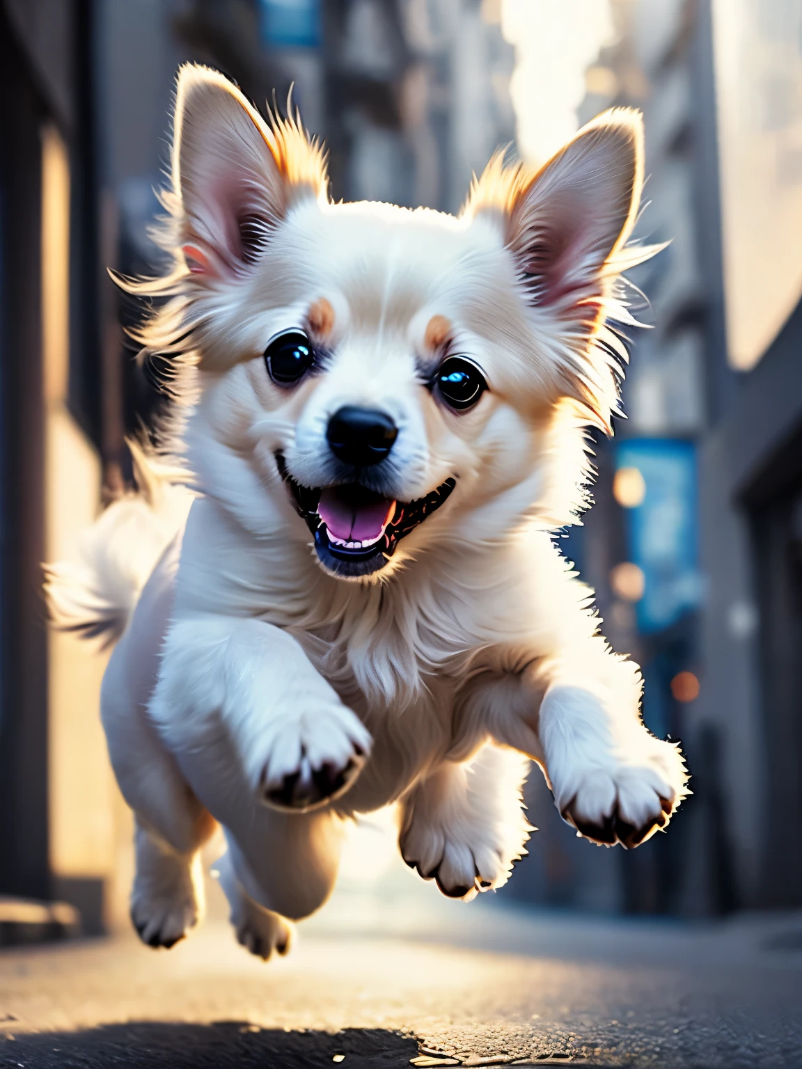 Close-up photo of a very cute jumping puppy on the street, white, soft volume light, (Backlight: 1.3), (movie: 1.2), intricate details, (art station: 1.3), rutkowski