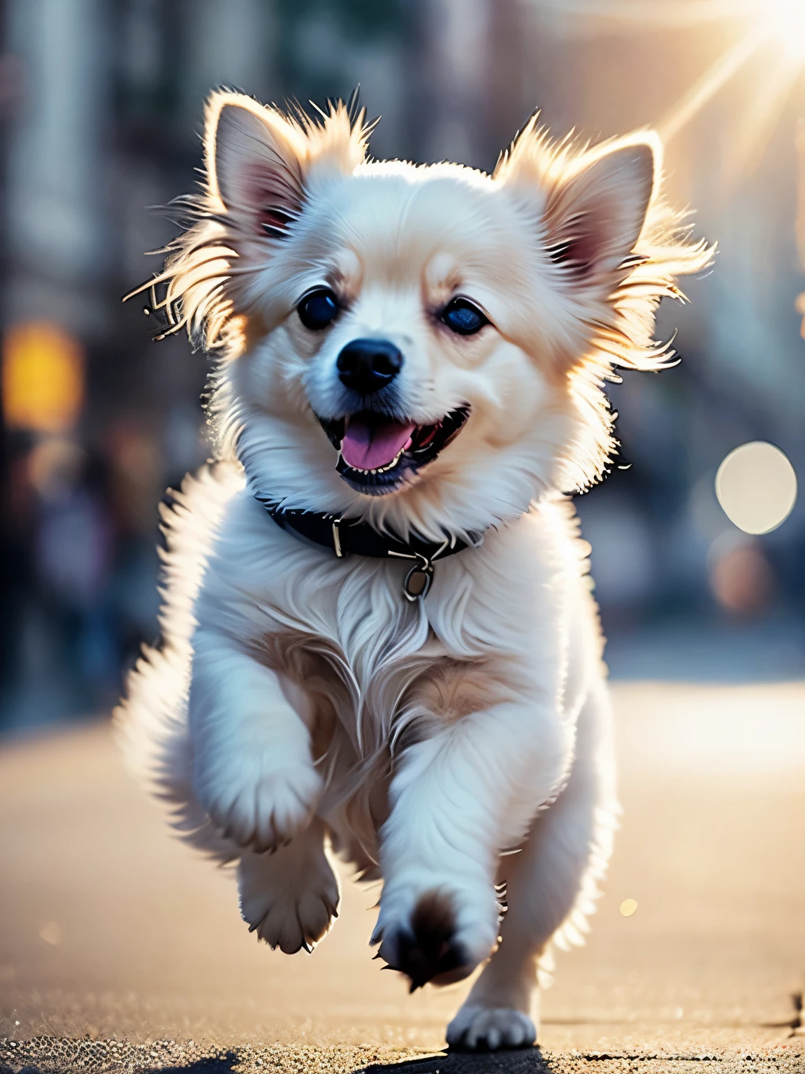 Close-up photo of a very cute jumping puppy on the street, white, soft volume light, (Backlight: 1.3), (movie: 1.2), intricate details, (art station: 1.3), rutkowski